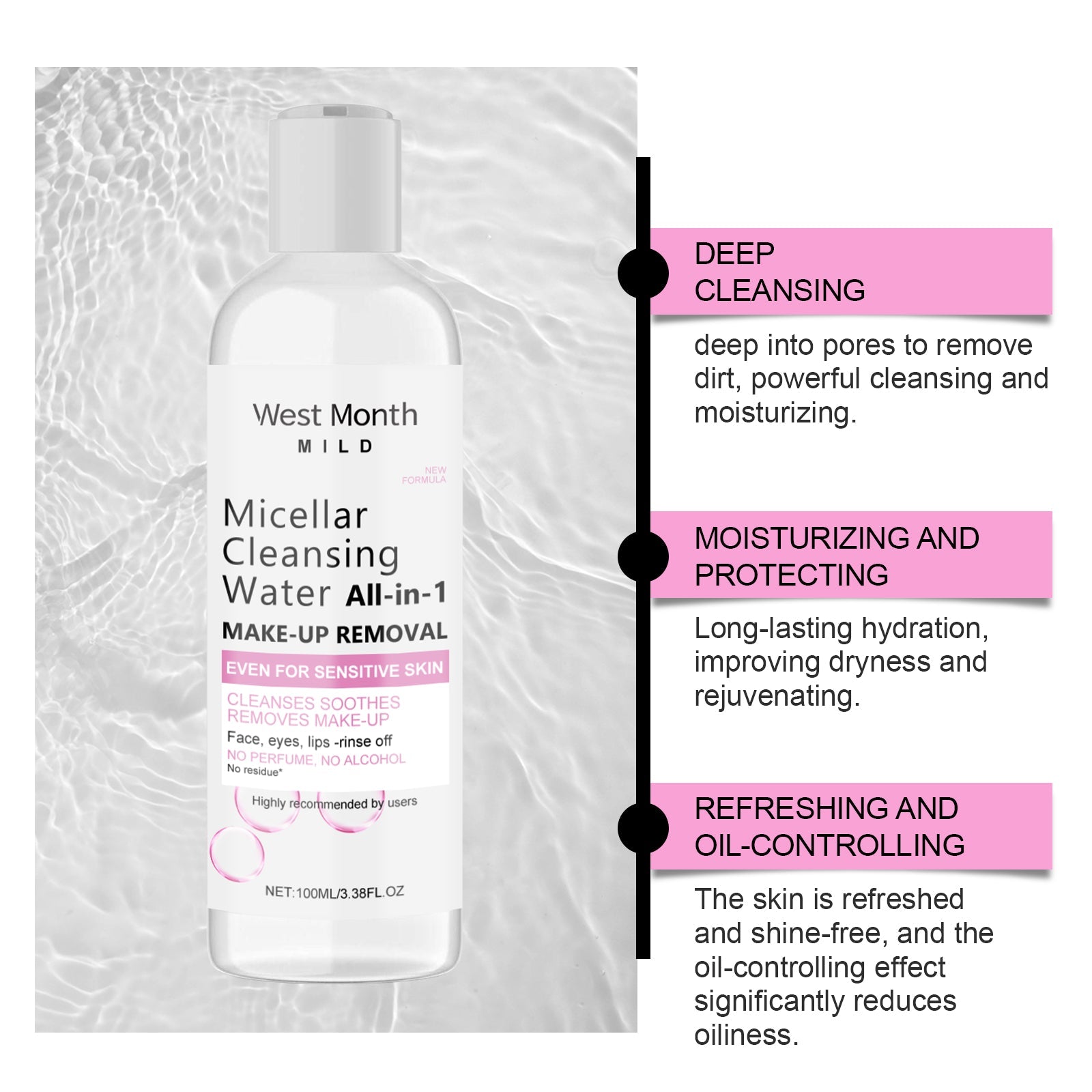 Woman with clear, glowing skin holding the micellar water bottle against her face against pink gradient background