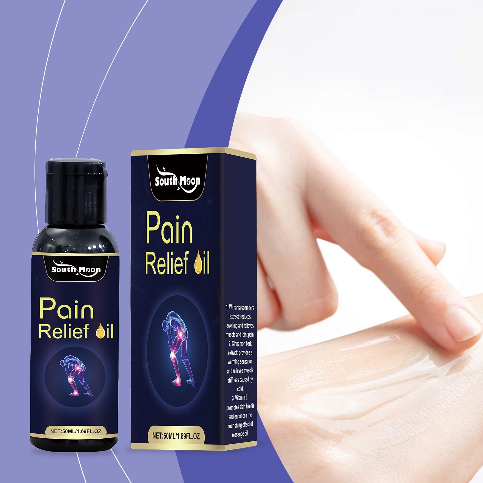 Hand applying oil to wrist/arm against purple gradient background with product visible
