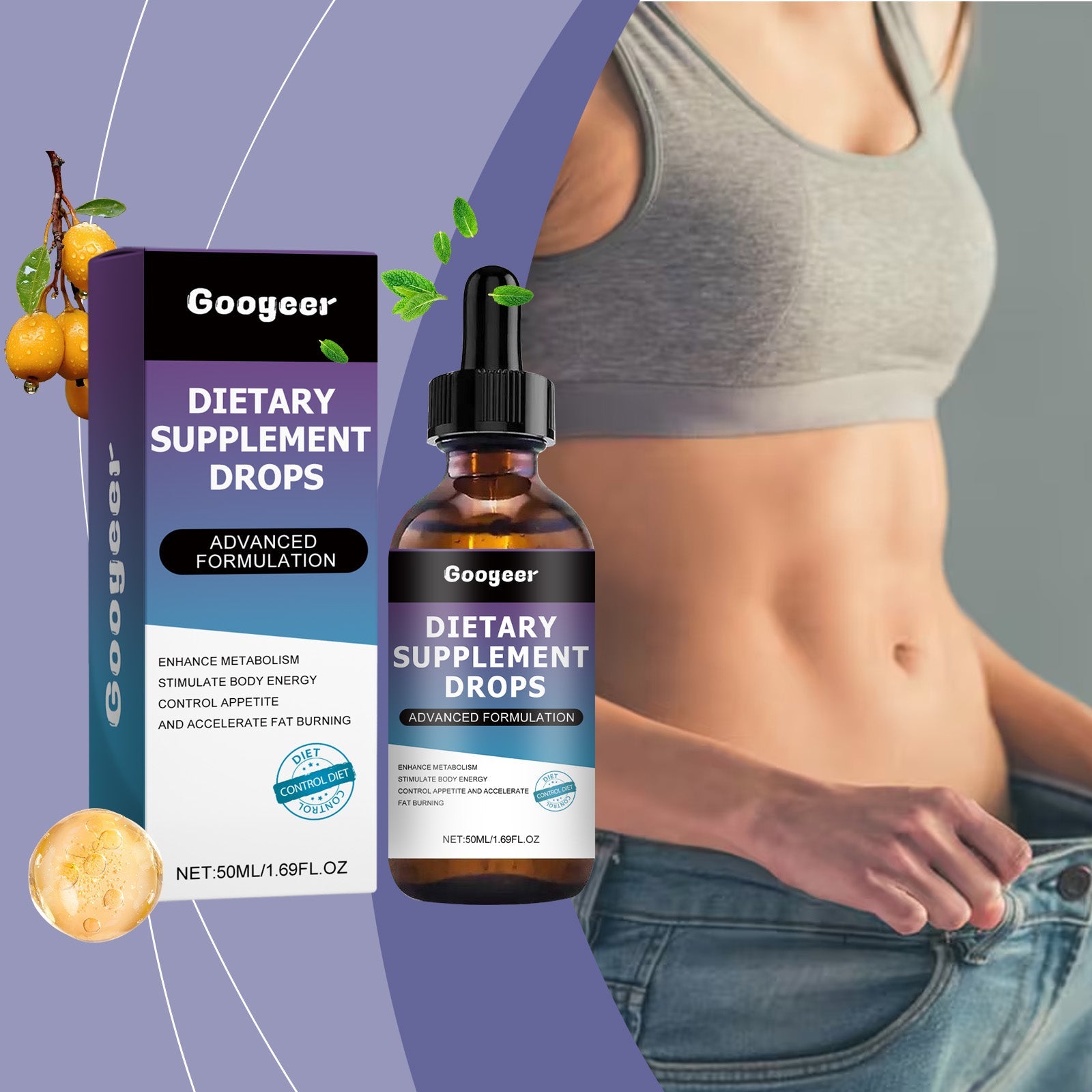 Googeer Dietary Supplement Drops with advanced formulation box and amber glass dropper bottle