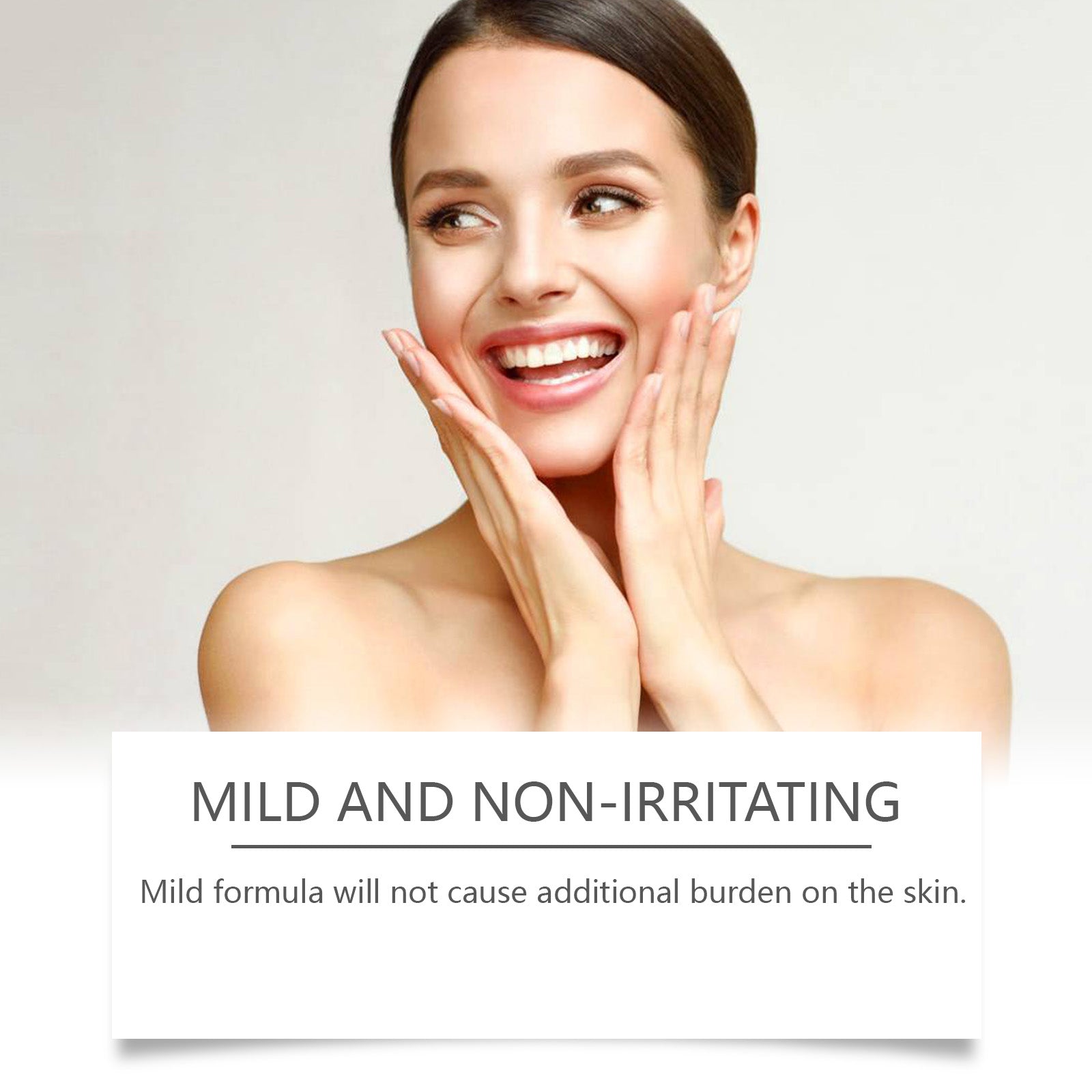 Woman with radiant, healthy complexion touching face with both hands, joyfully smiling, text overlay reading 'MILD AND NON-IRRITATING'