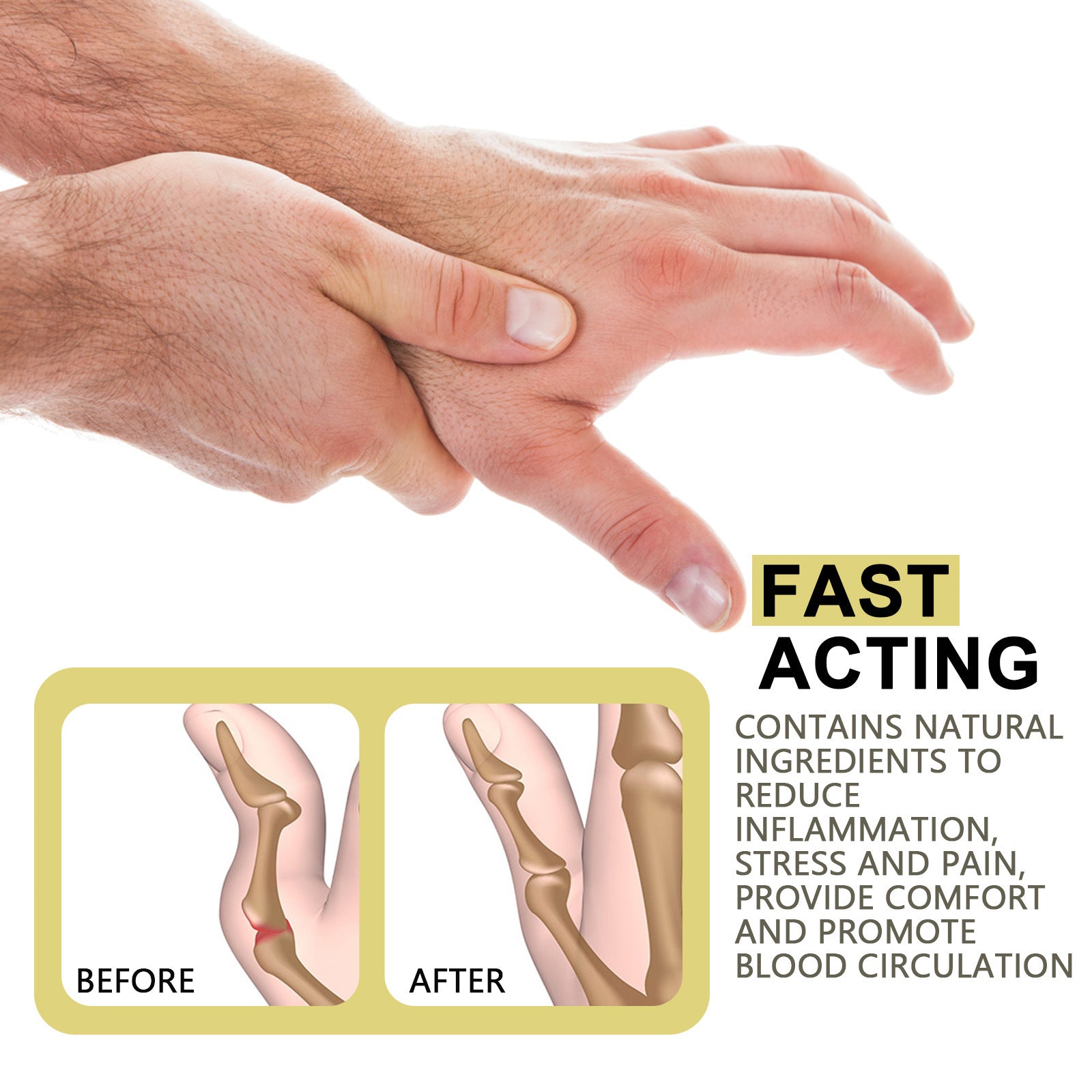 Close-up of hands demonstrating thumb pain location with anatomical diagram of hand joints and patch placement on thumb