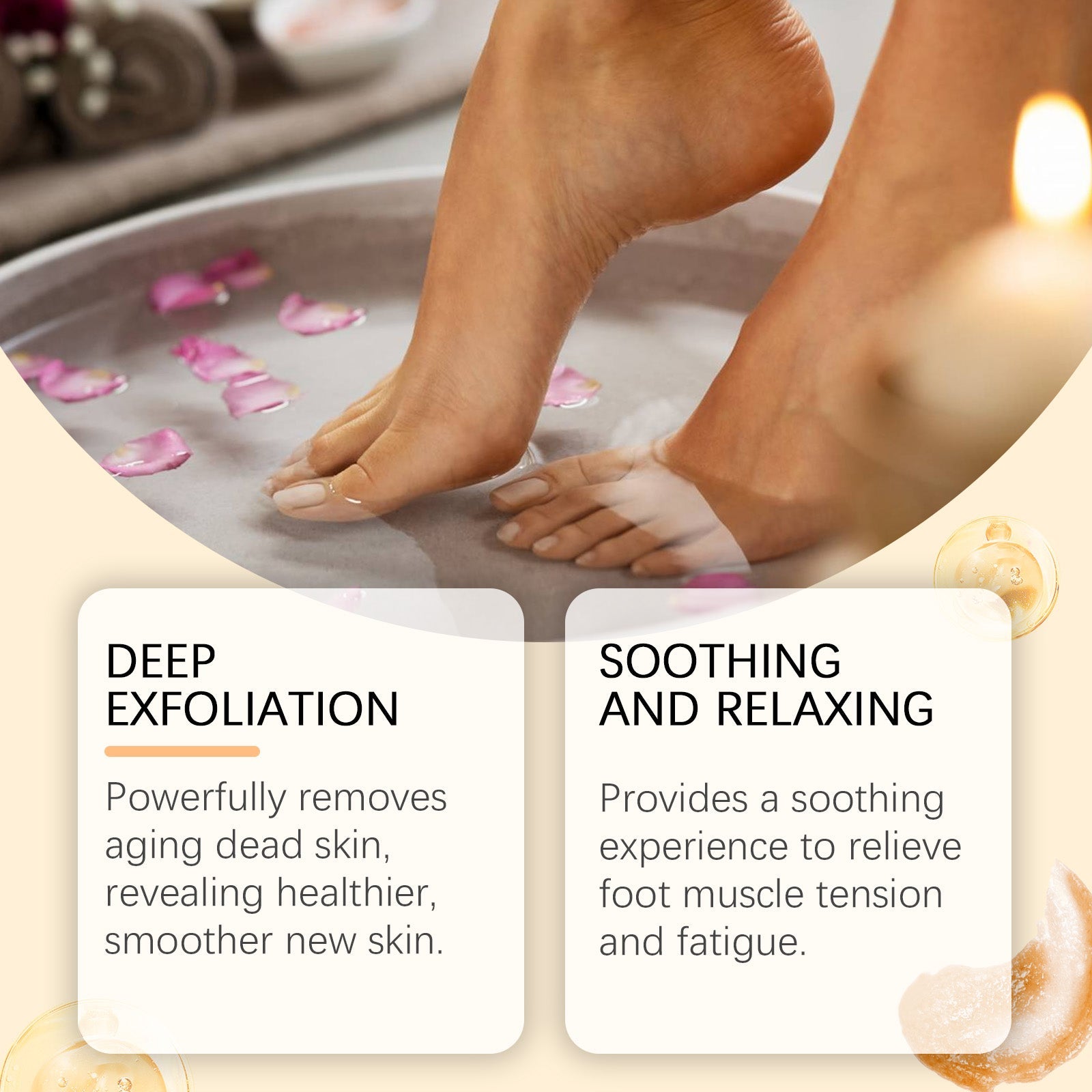 Woman's legs and feet showing smooth, healthy skin after treatment; product bottles and ingredients shown with benefit callouts
