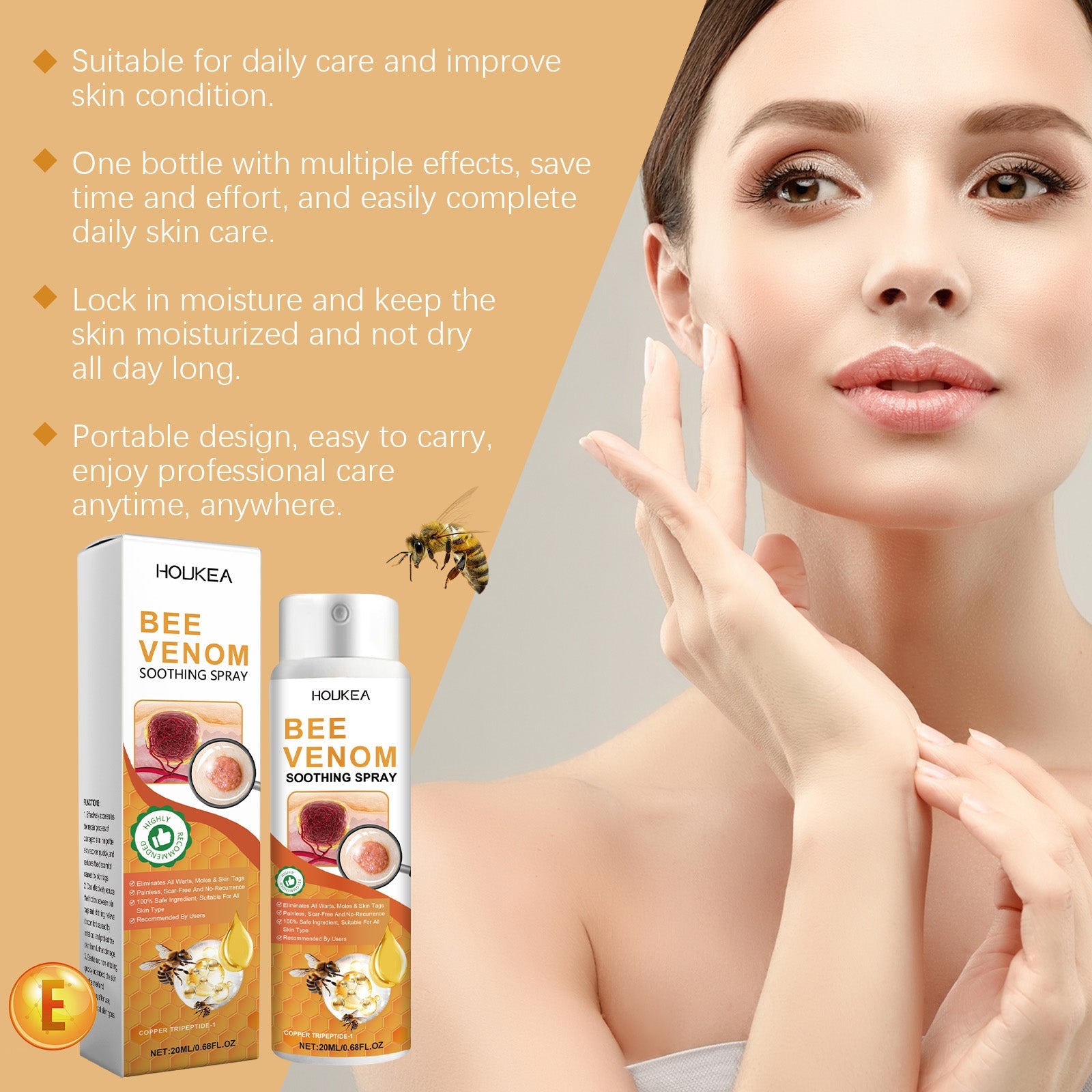 Key benefit statements with product bottle: daily care benefits, multiple effects, moisture locking, and portability claims