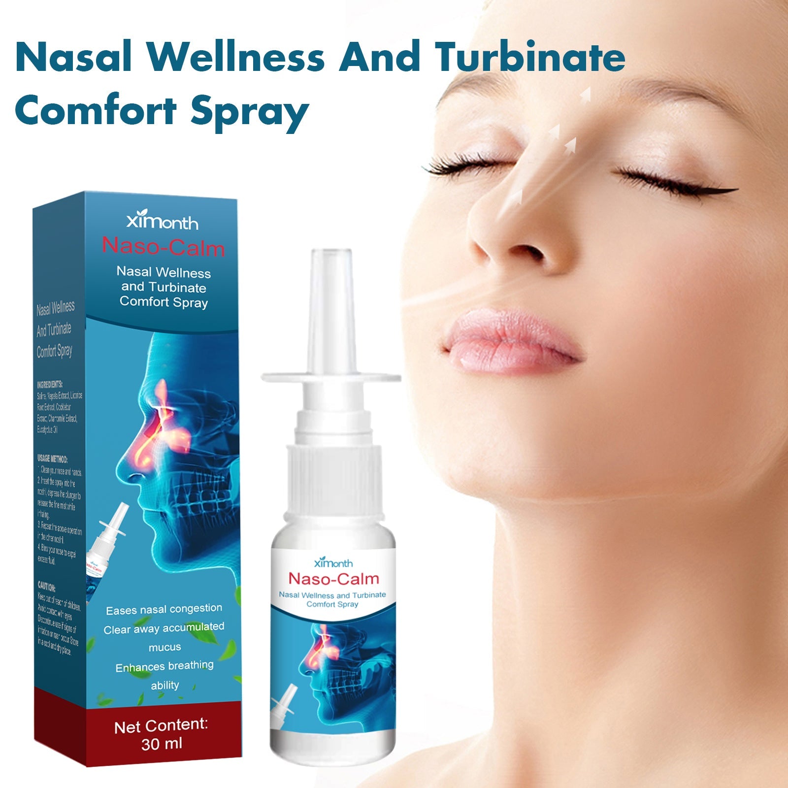 Woman in profile using spray with peaceful closed-eye expression, product and packaging visible