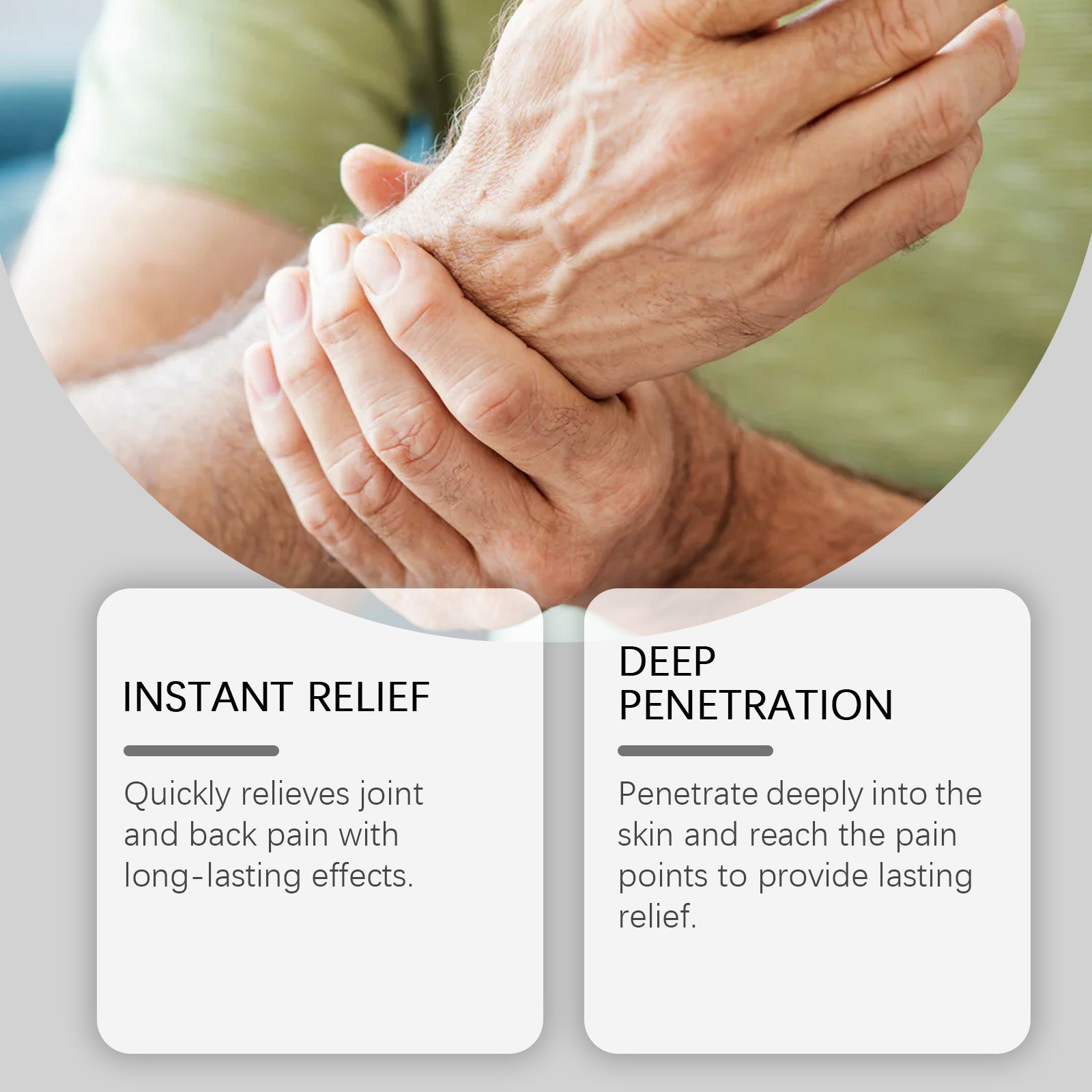 Split-screen comparison of runner on beach holding leg in pain (left) versus same runner with relaxed posture showing pain relief (right), with product jar and box below