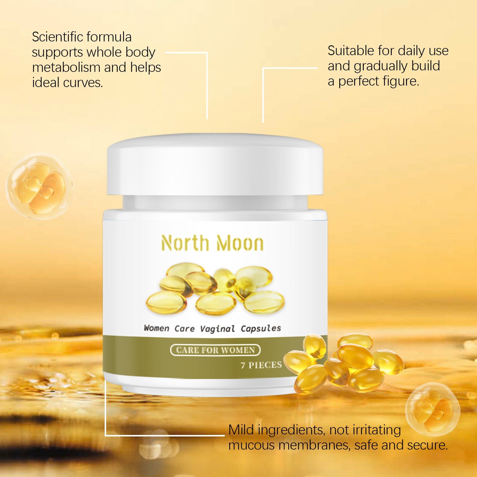 Close-up product jar on golden textured background with loose capsules, highlighting formula claims and ingredient benefits
