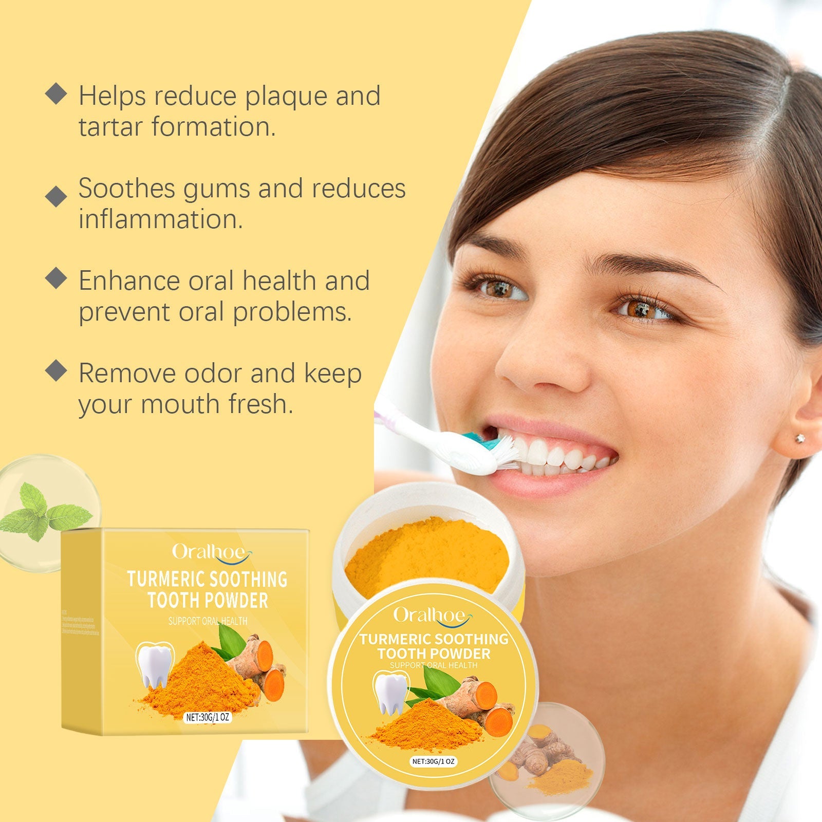 Product packaging with four benefit claims listed: plaque reduction, gum soothing, oral health enhancement, breath freshening