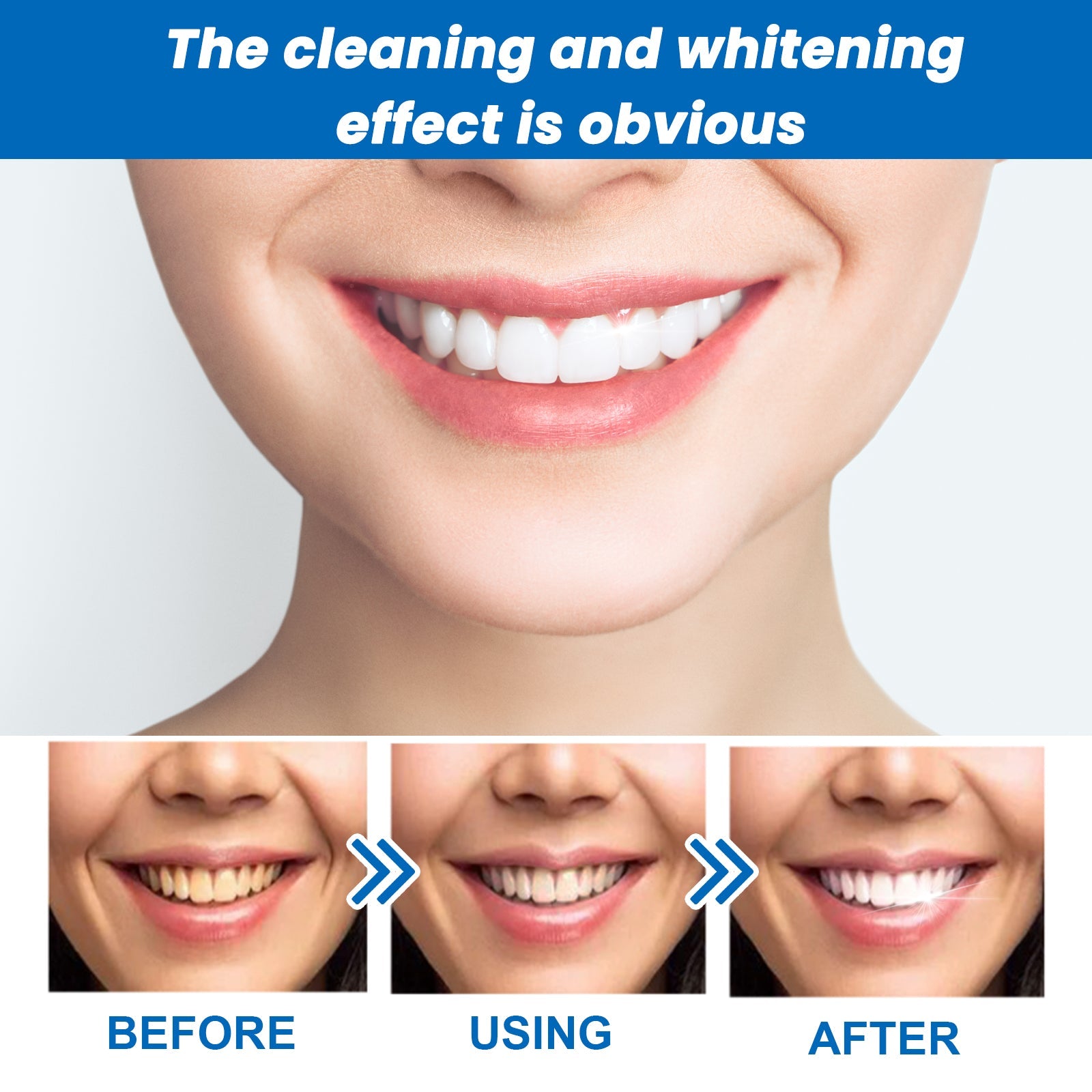 Close-up lifestyle image of woman smiling with product, plus before-and-after mouth comparisons showing darker and lighter tooth tones