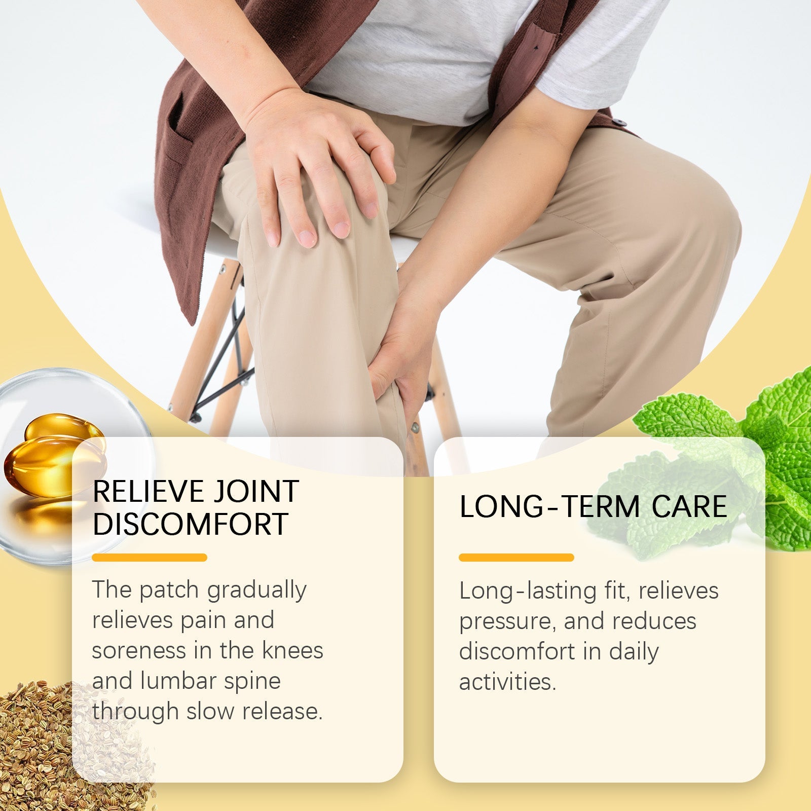 Split-screen infographic showing 'Relieve Joint Discomfort' and 'Long-Term Care' benefits with ingredient imagery