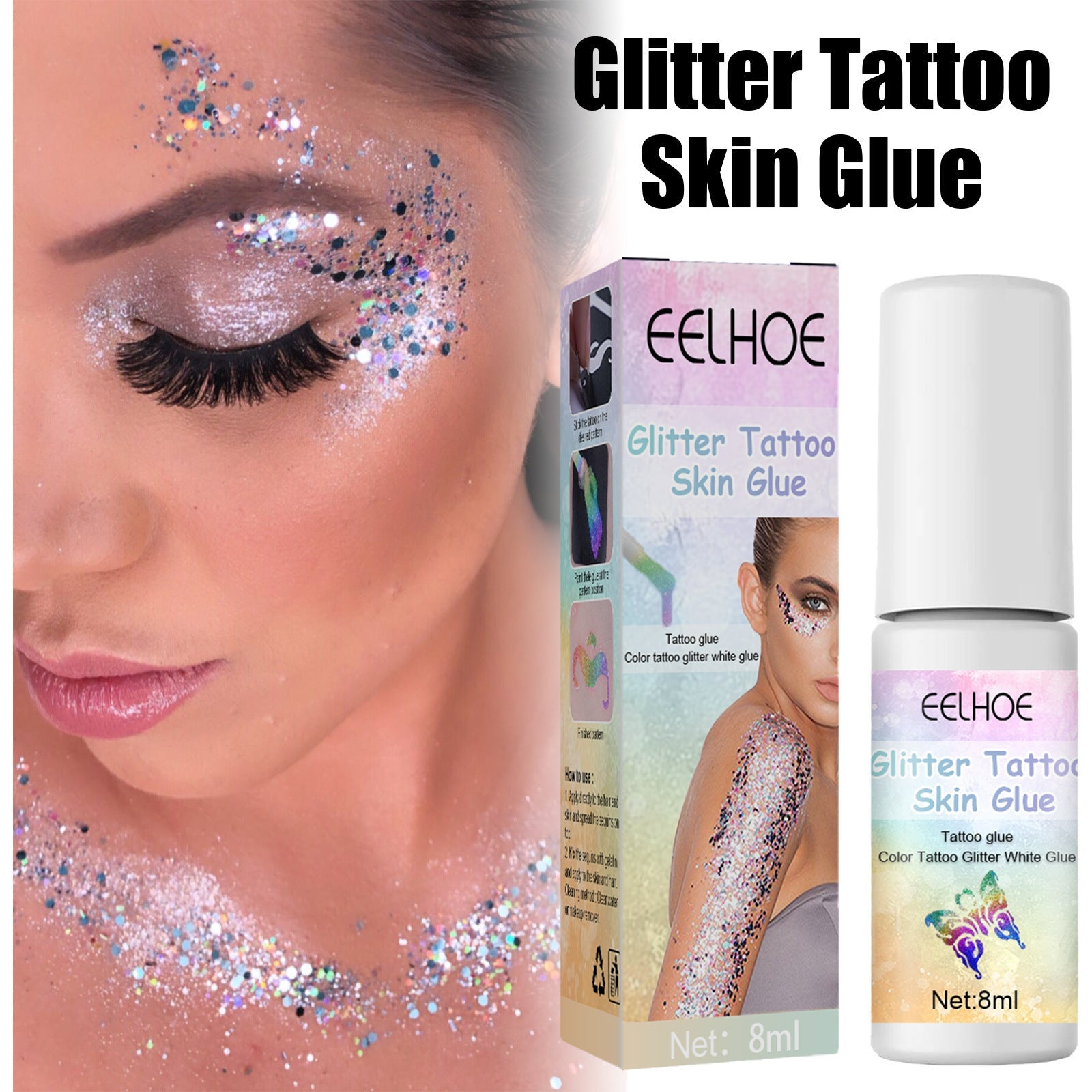EELHOE Glitter Tattoo Skin Glue packaging and bottle displayed together (duplicate angle)