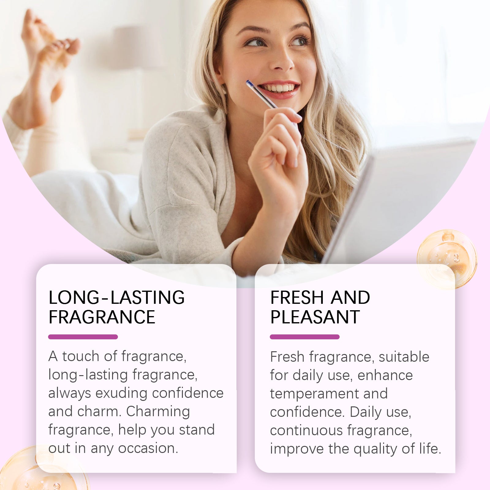 Young woman at laptop with thoughtful expression, alongside product benefit claims about long-lasting and fresh fragrance