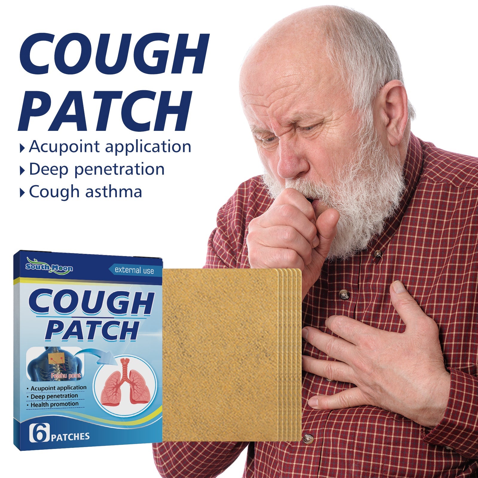 Identical packshot of Cough Patch box and patches arranged in display
