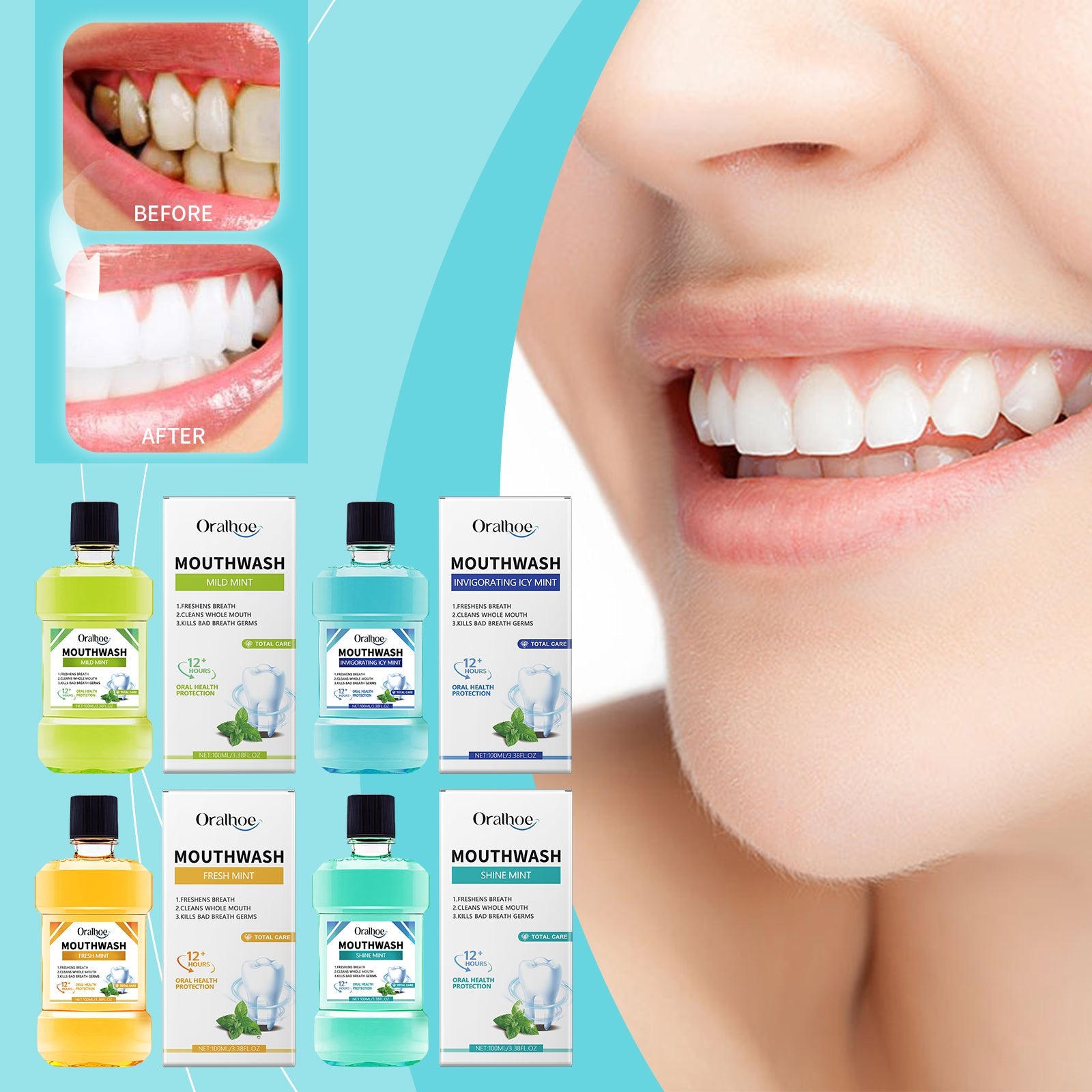 Split-screen comparison showing yellowed, stained teeth before use and bright white healthy teeth after use; lifestyle imagery of woman smiling with confident white teeth