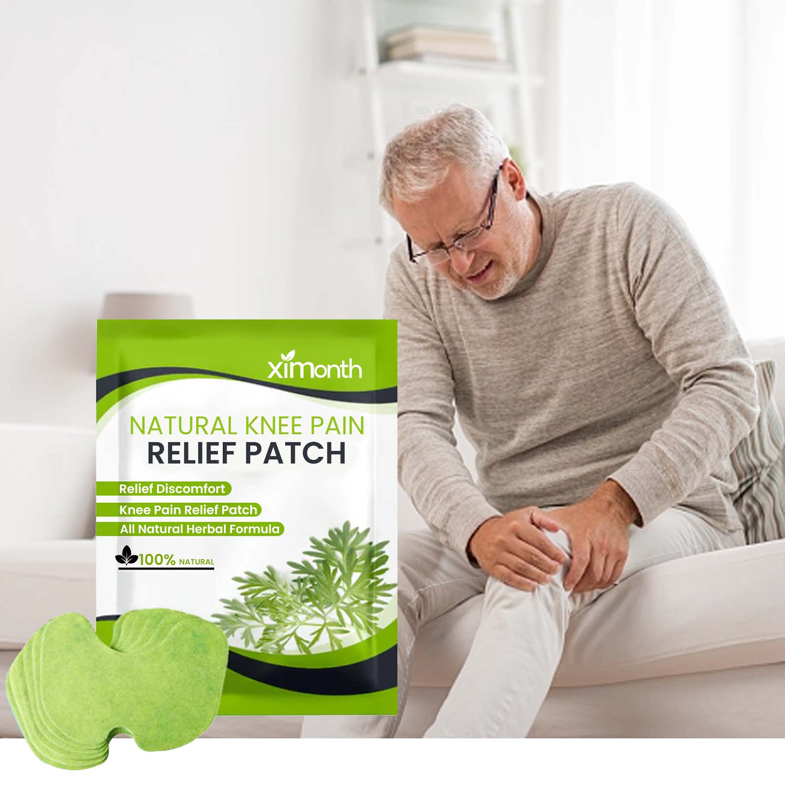 Older man in casual wear touching his knee with product package and patch visible