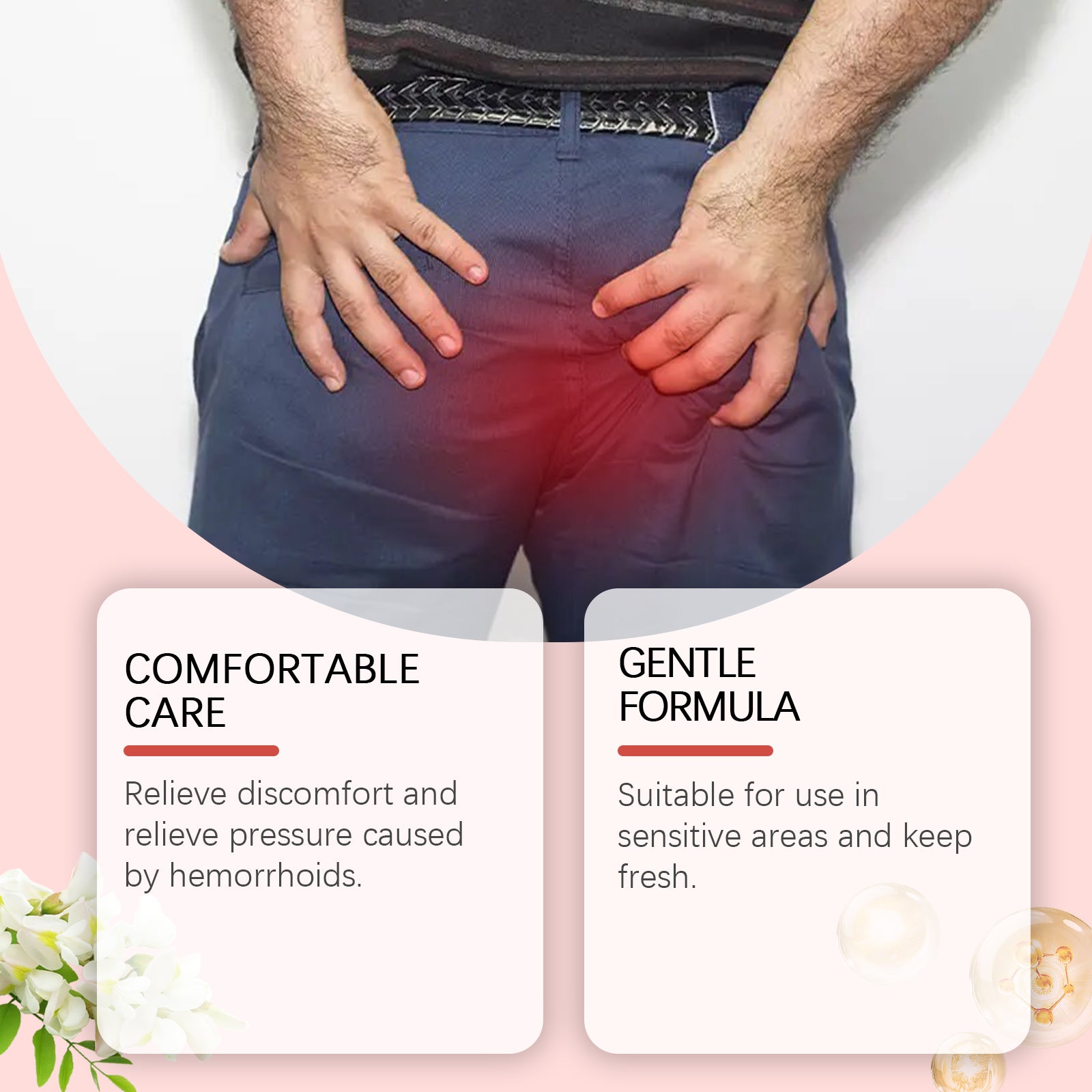 Product jar displayed with benefits list and lifestyle imagery showing comfortable activity