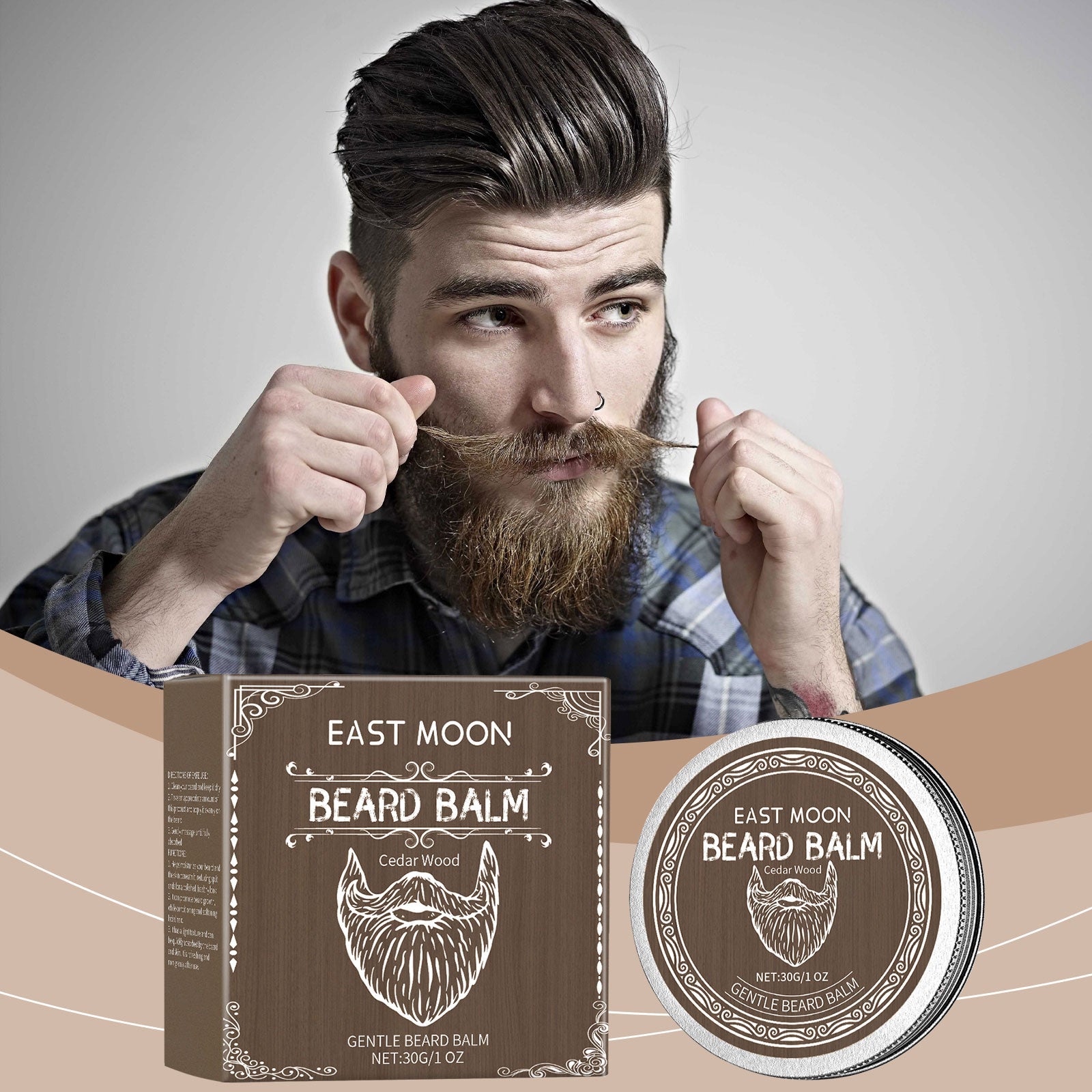 East Moon Beard Balm box and metal tin showing brand identity, cedar wood label, and product specifications