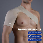Flat lay of beige shoulder brace showing full wraparound design with adjustable straps