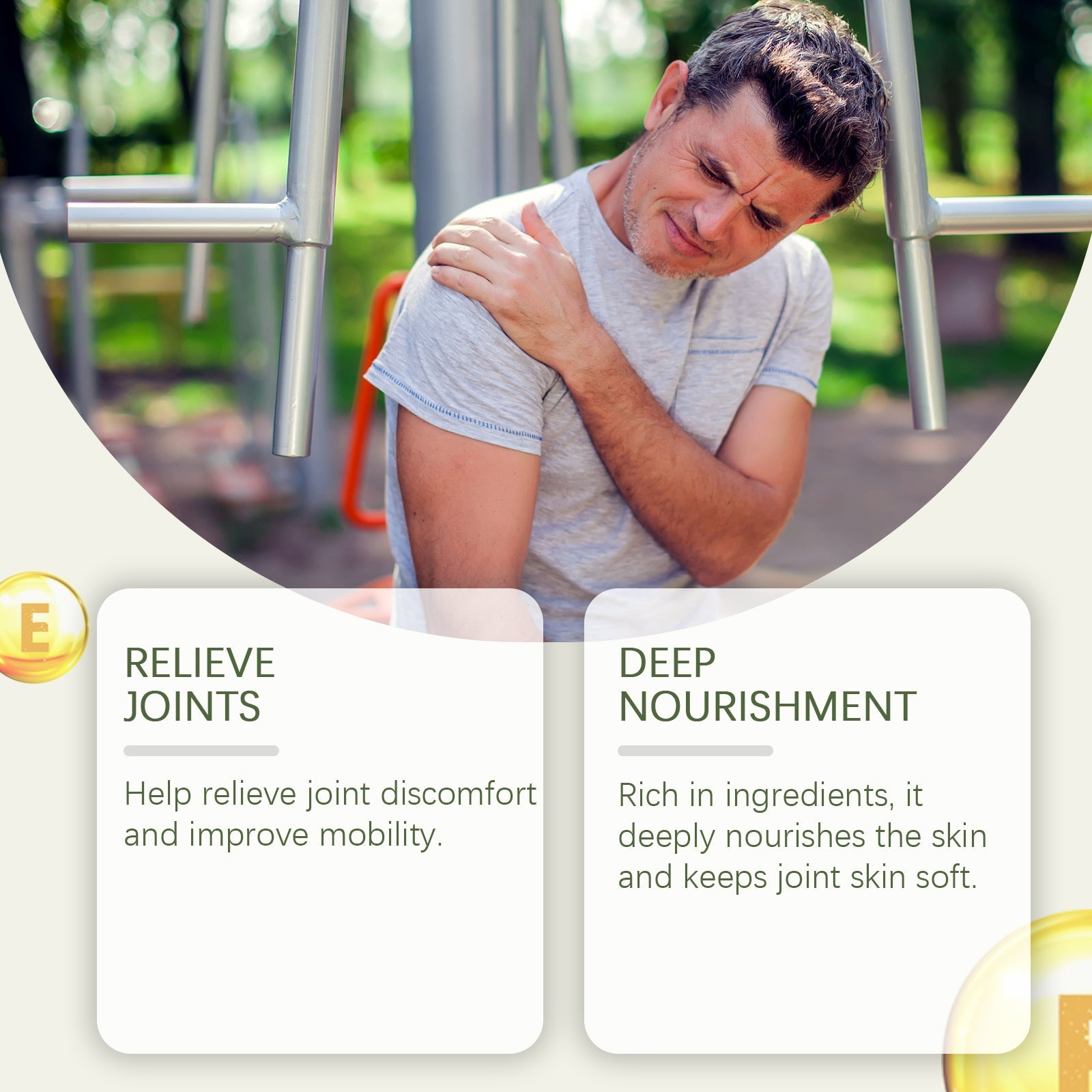 Man holding shoulder in pain at outdoor setting with two benefit cards: 'Relieve Joints' and 'Deep Nourishment'