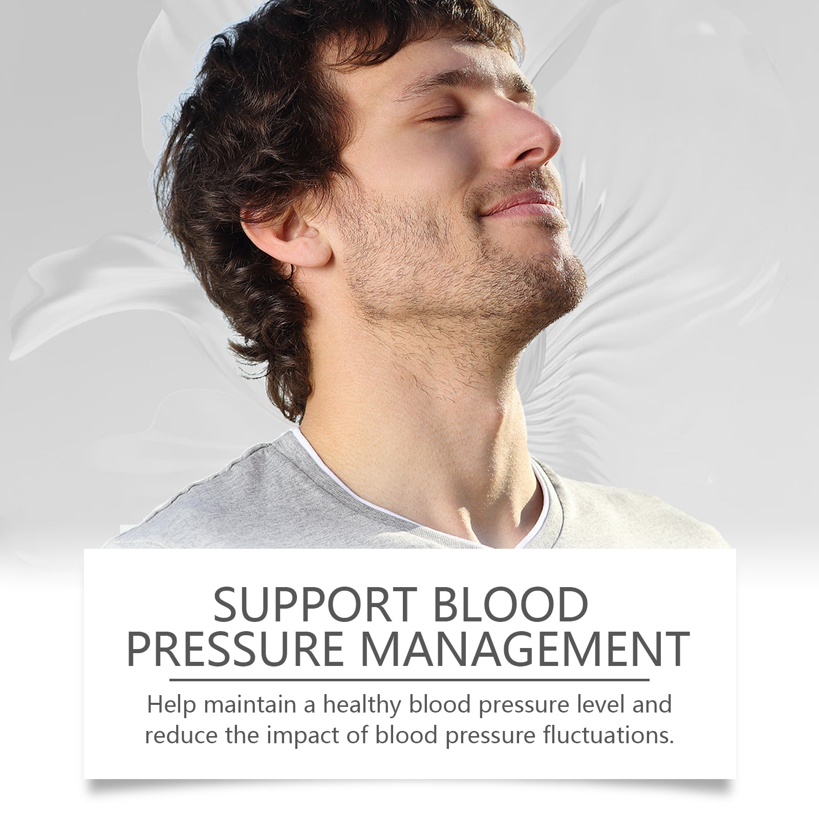 Man's face in profile showing calm, relaxed expression with text 'Support Blood Pressure Management'