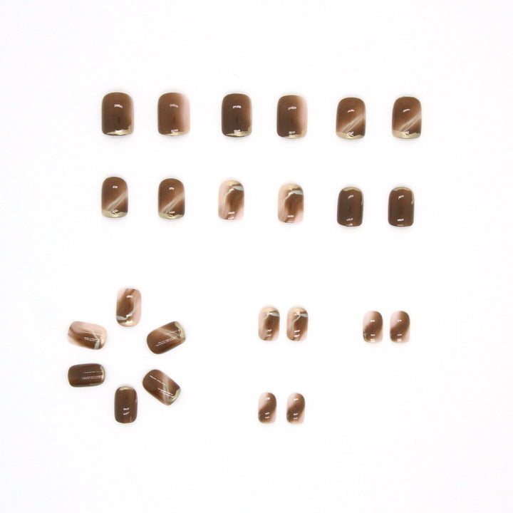 Brown Press-On Nails With Gold Salon-Style Nail Art