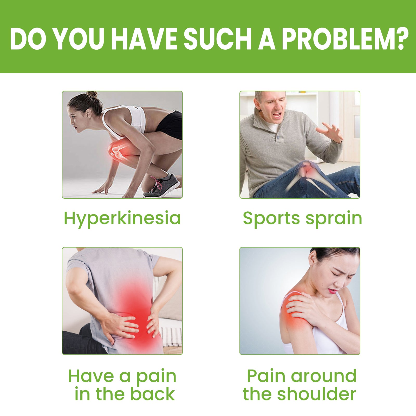 Green banner showing four pain problem categories with red-highlighted body zones: hyperkinesia, sports sprain, back pain, shoulder pain