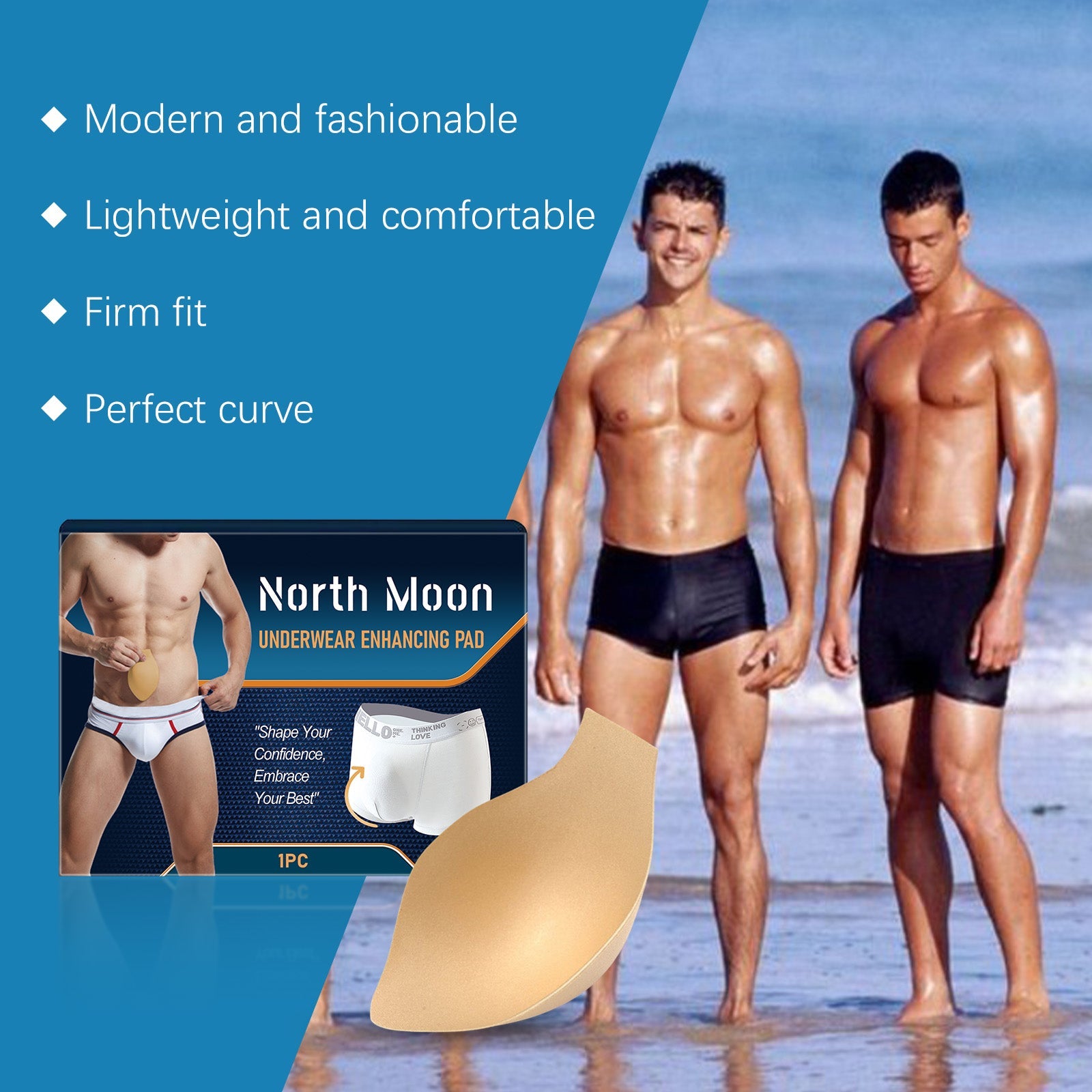 Two men on beach in swim briefs showcasing enhanced appearance