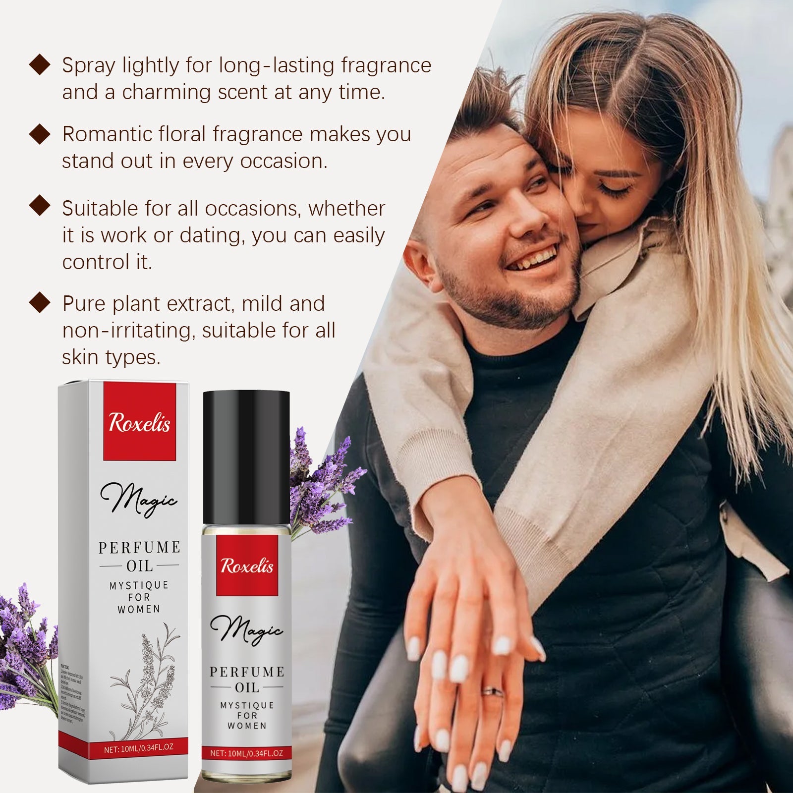 Romantic couple embracing outdoors with product packaging, lavender flowers, and benefit claims highlighted on dark background