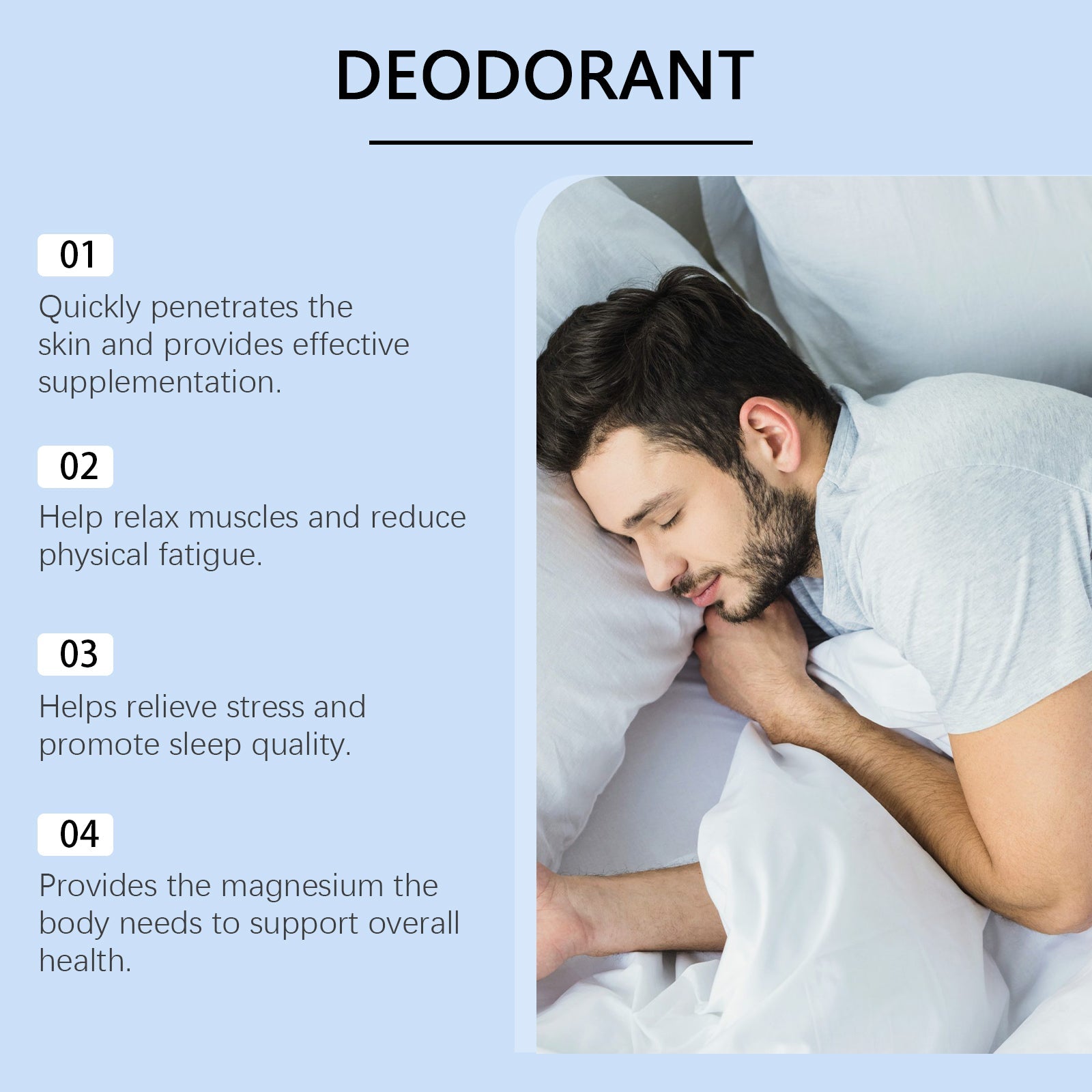 Man sleeping peacefully in bed with numbered benefits listed (01-04) describing spray functions