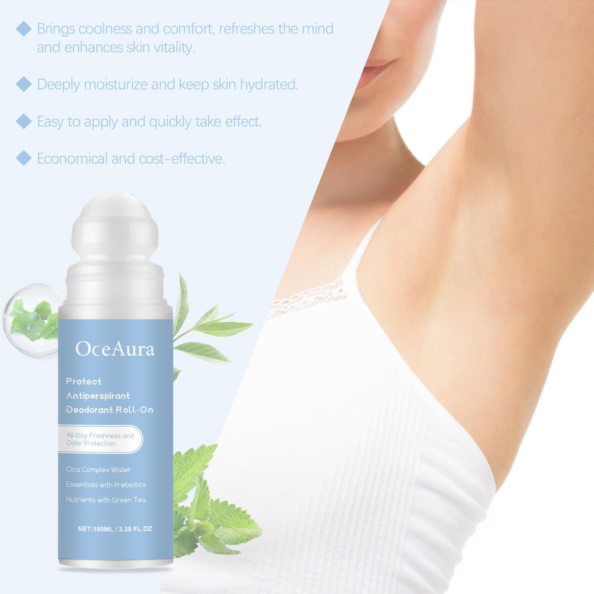 OceAura Roll-On Antiperspirant with Cica & Green Tea
