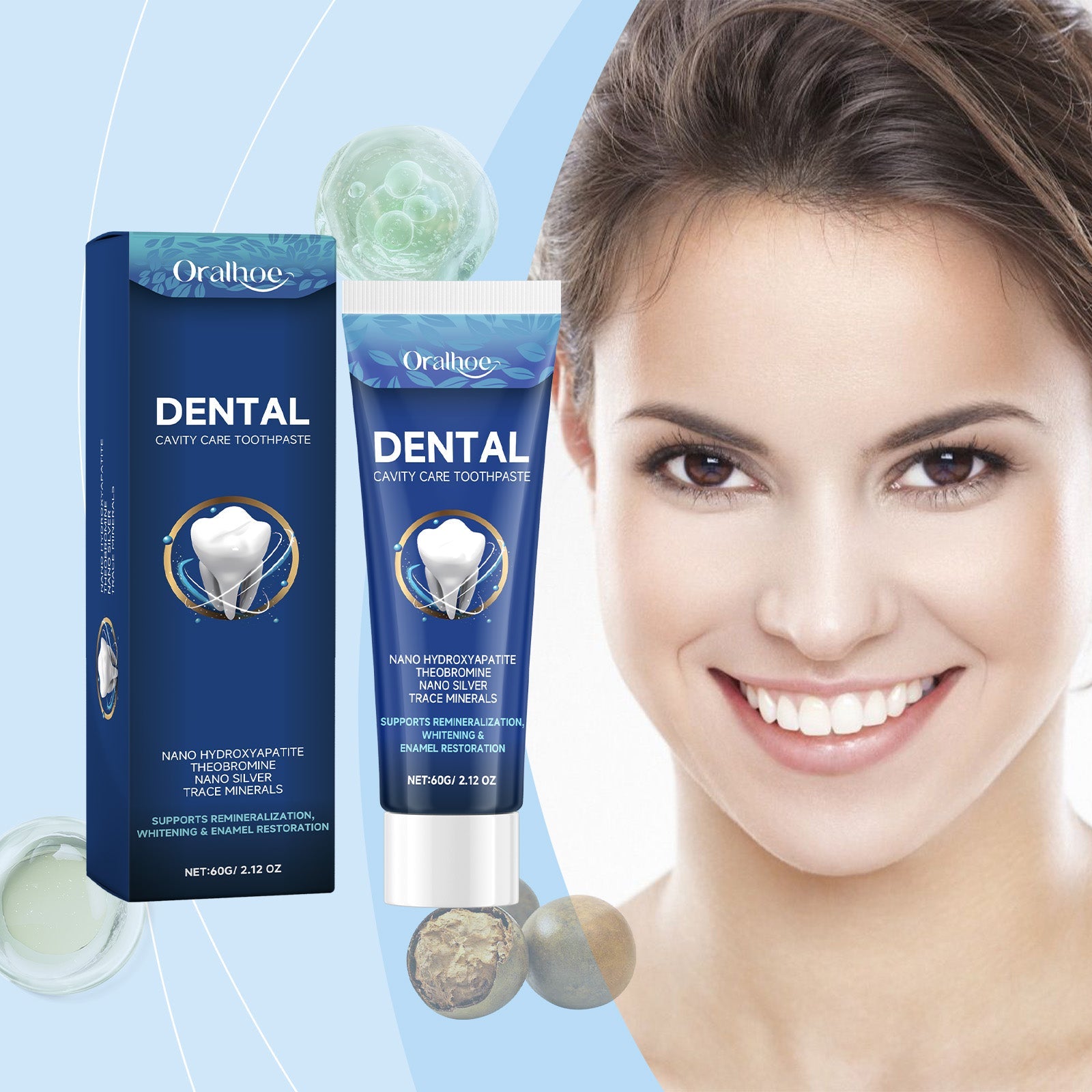 Woman with bright white smile showing teeth, product tube and box positioned left side with ingredient spheres and light blue background gradient