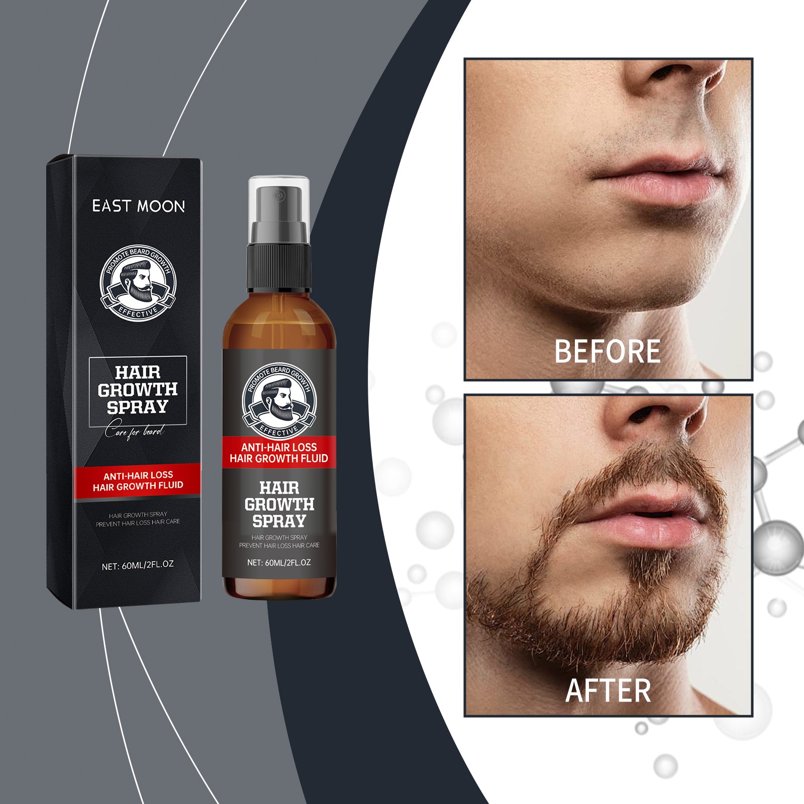 Attractive bearded man with healthy full beard next to product bottle with lifestyle imagery showing oil droplets and hair follicles, text 'DESIGNED FOR MEN' and 'UNCLOG PORES'
