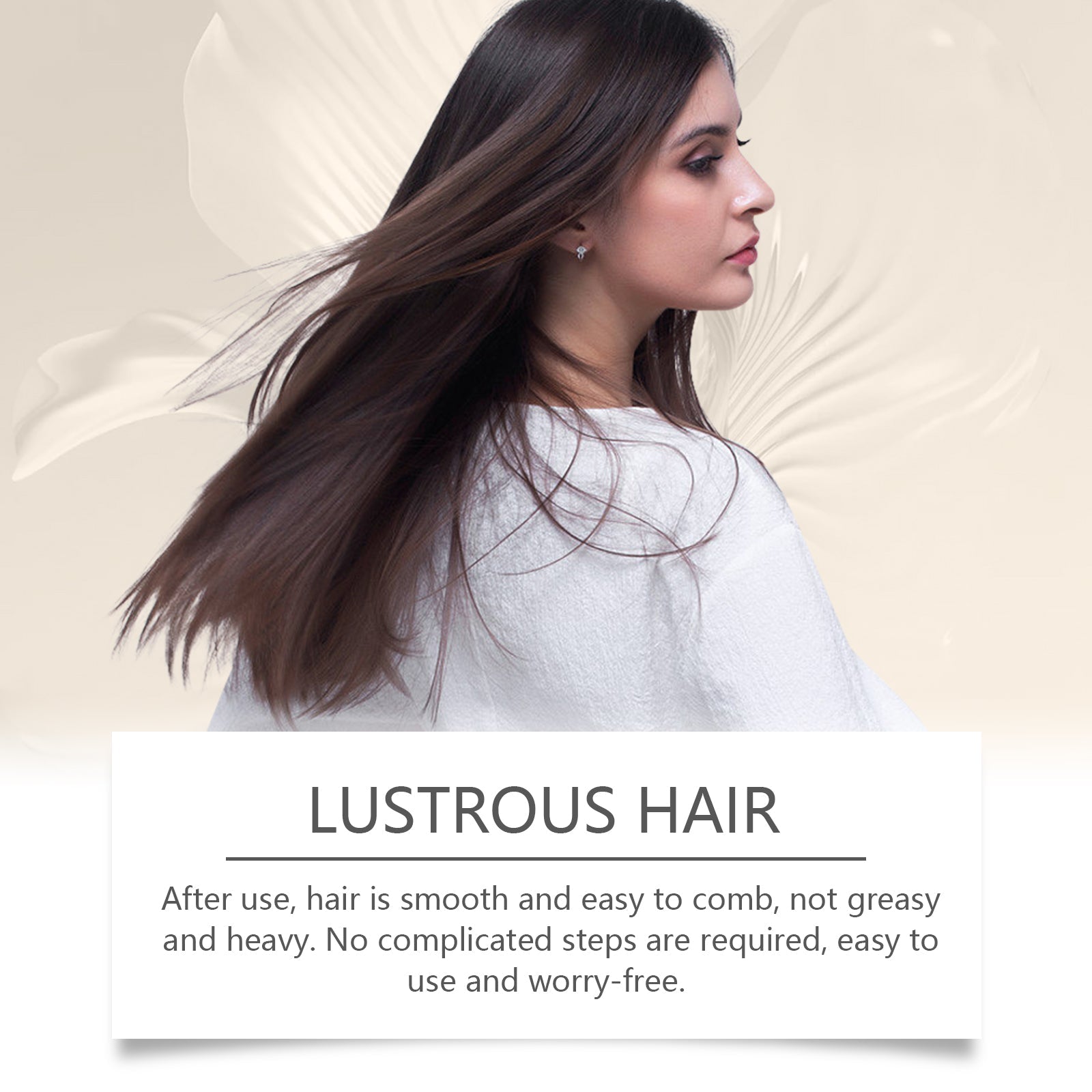 Woman in profile with glossy, smooth, flowing long dark hair with 'Lustrous Hair' headline and benefit text