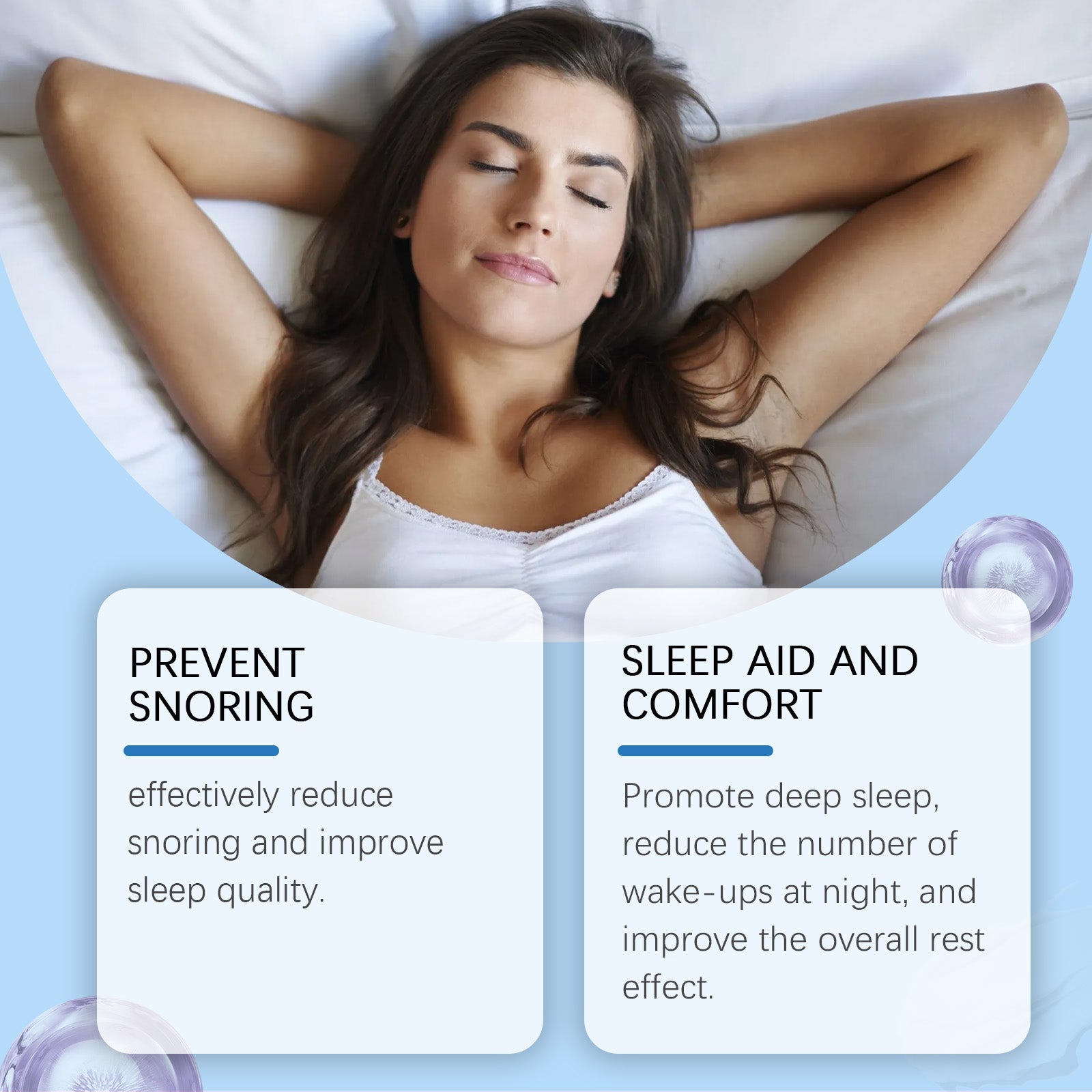 Woman relaxed in bed with benefits highlighted: Prevent Snoring and Sleep Aid and Comfort