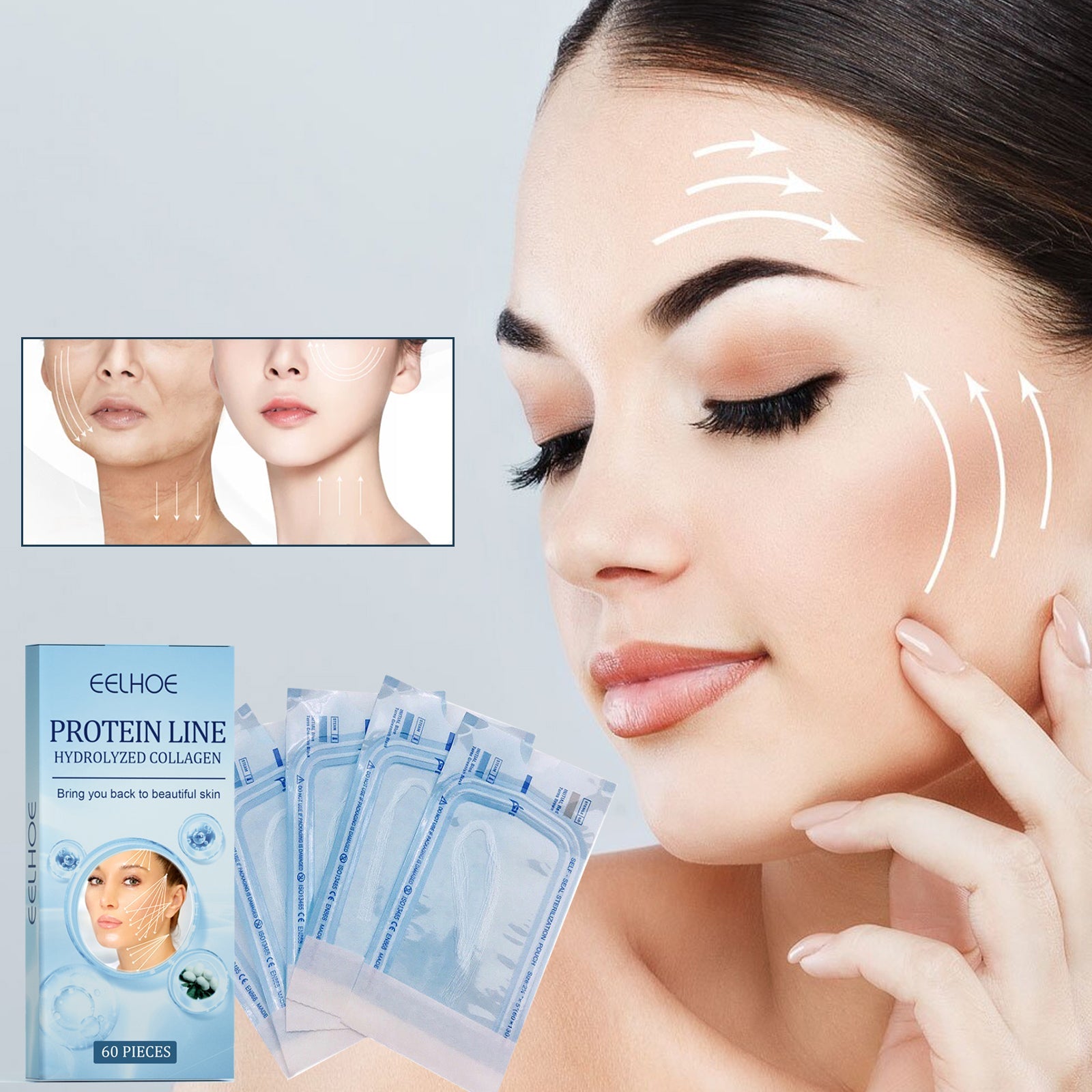 Full-face demonstration with benefits text overlay: improve elasticity, reduce wrinkles, raise jaw line, remove yellowing; includes before/after eye closeups