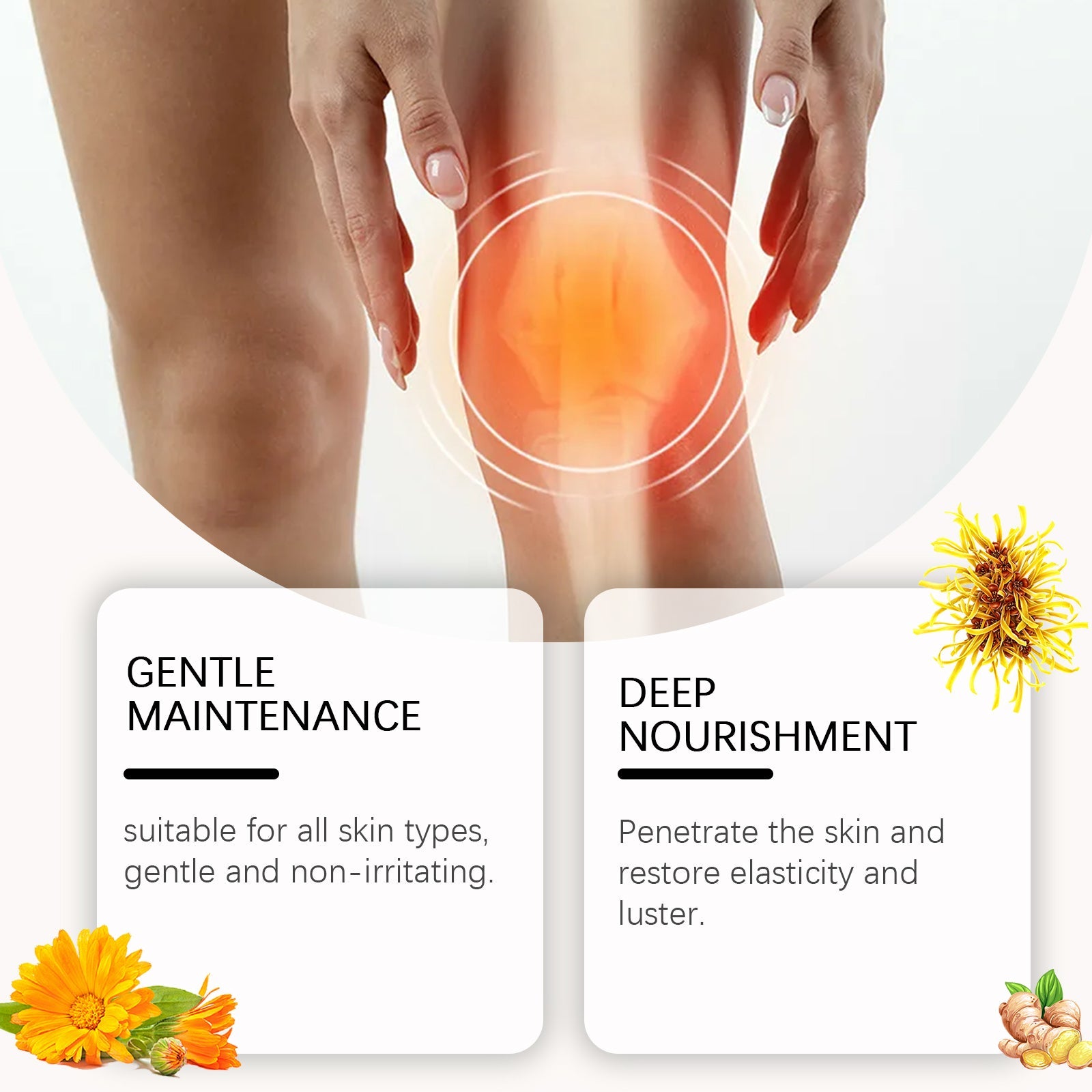 Woman's knee with red inflammation highlight circles and hands applying balm, showing pain zone and application technique