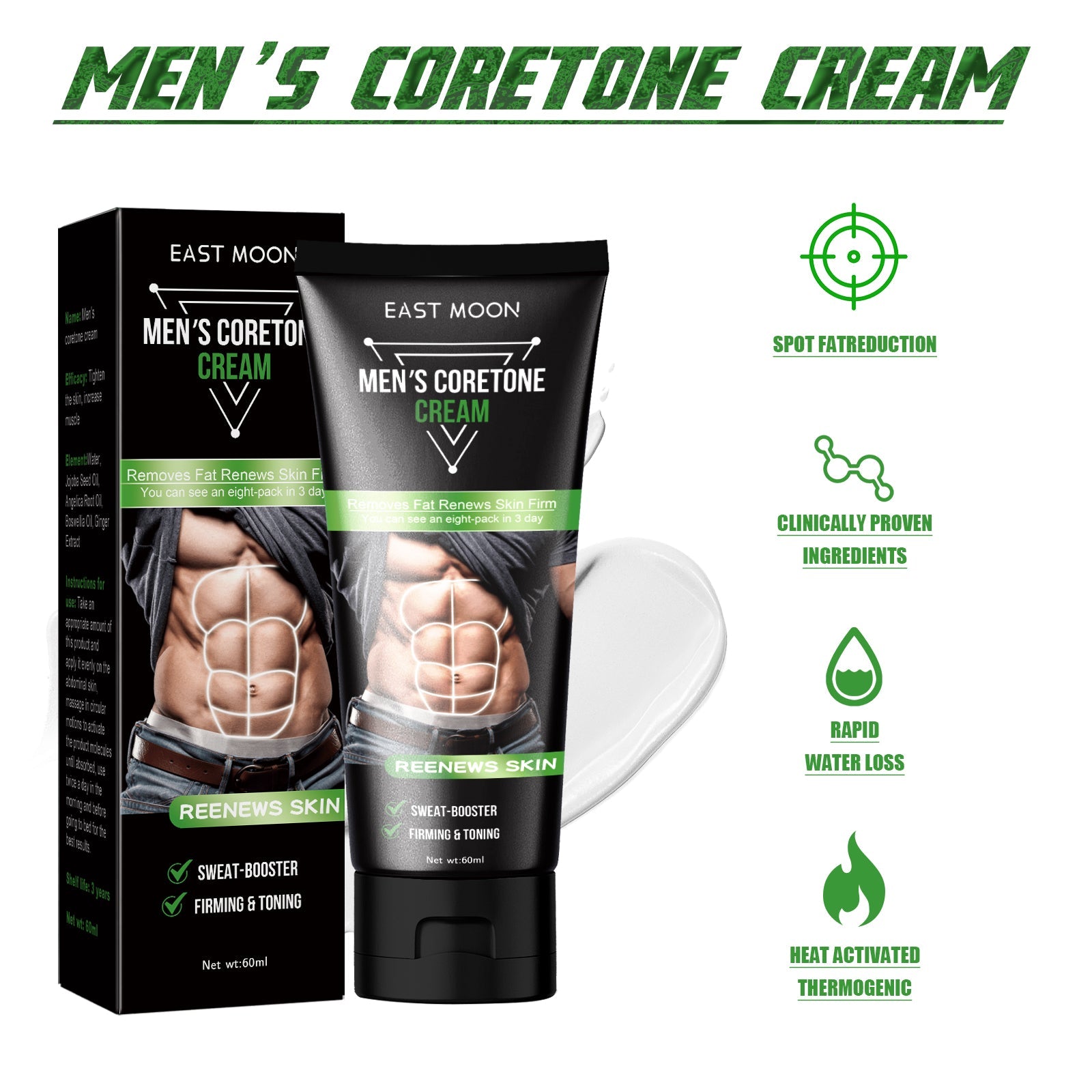 Male model applying cream to abdominal area with product and packaging visible beside muscular torso