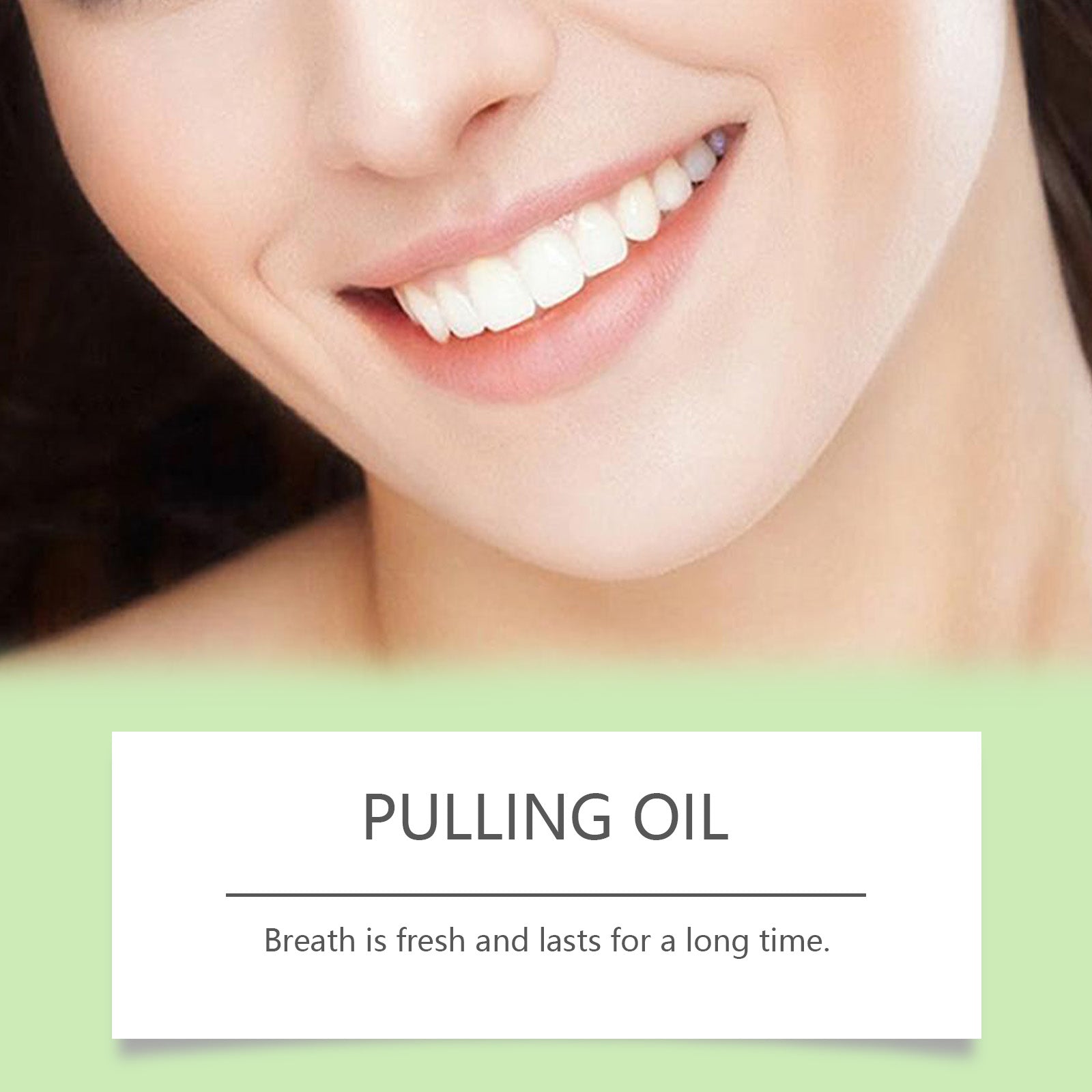 Woman covering mouth with hands showing clean nails against green and mint background with benefit cards highlighting Freshen Breath and Multiple Cleaning