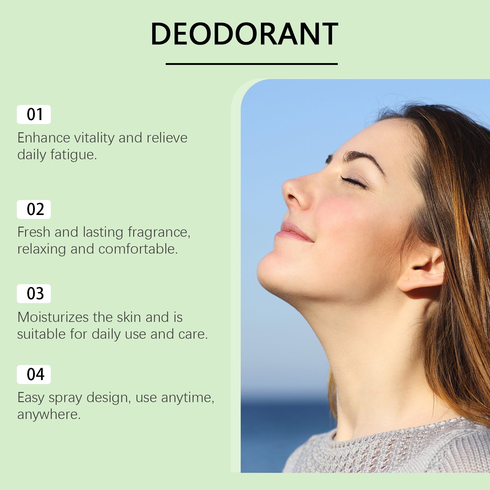 Text-based benefits layout with numbered claims: vitality enhancement, fresh fragrance, skin moisturizing, and easy spray design with profile portrait