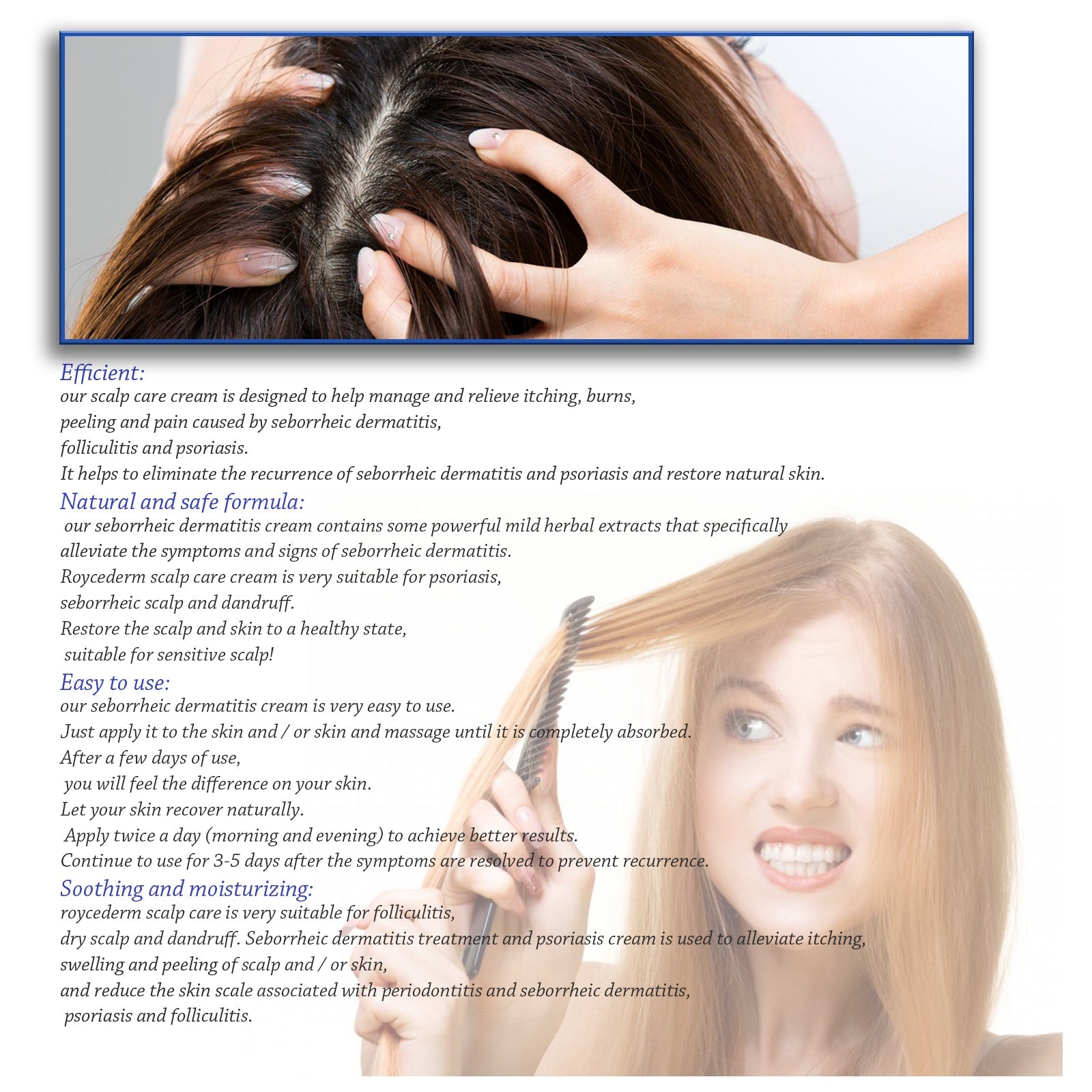 Infographic featuring product benefits with lifestyle imagery of scalp massage application and key claims in blue text boxes