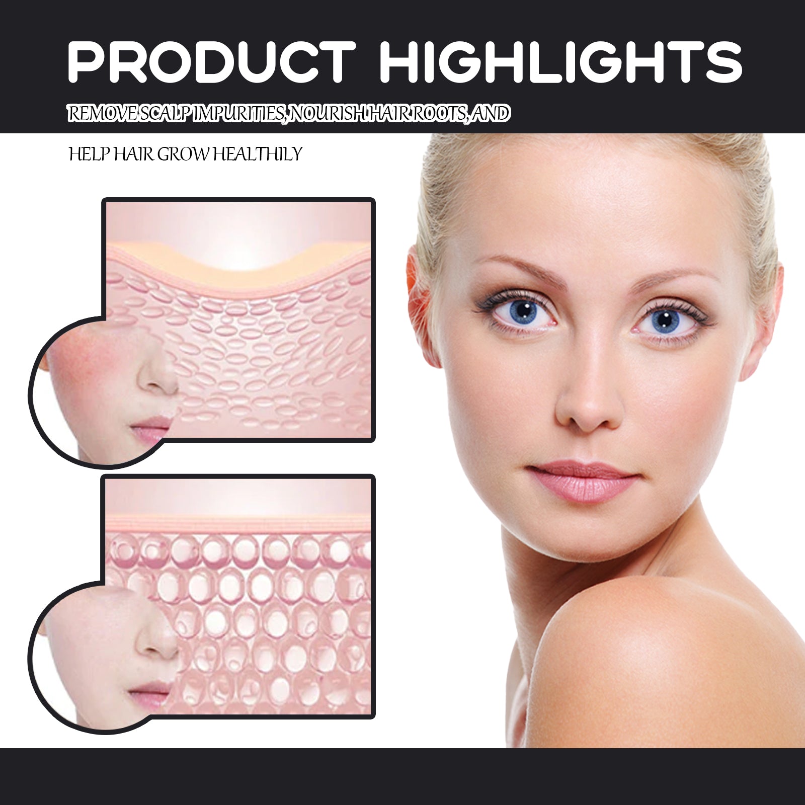 Split-screen hair transformation showing before (dull, damaged) and after (shiny, healthy) hair texture; lifestyle shot of woman with glossy dark hair holding product bottle