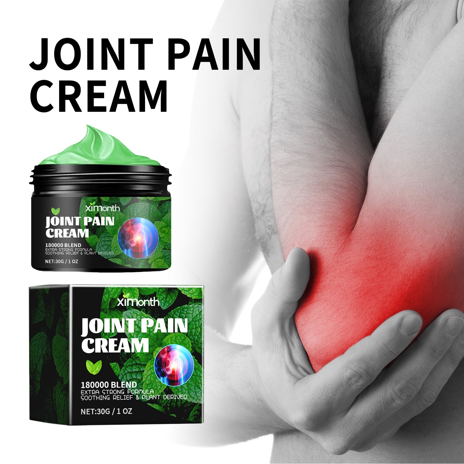 Top banner shows hand on shoulder with red circular pain indicator radiating outward; below are side-by-side before/after images with green borders showing person with ankle pain versus active runner jumping freely outdoors