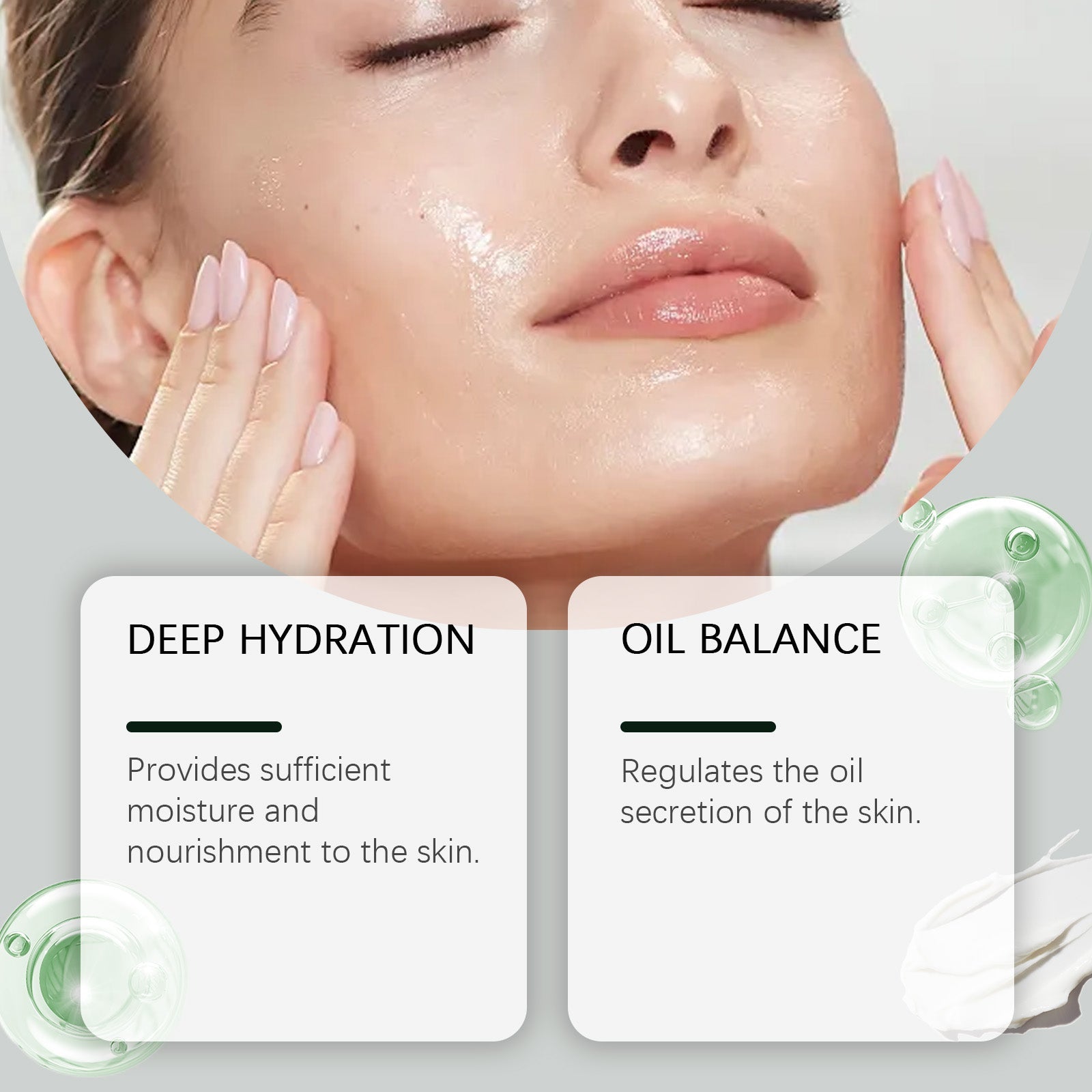 Woman applying gel with glowing skin showing deep hydration and oil balance benefits with green electrolyte spheres