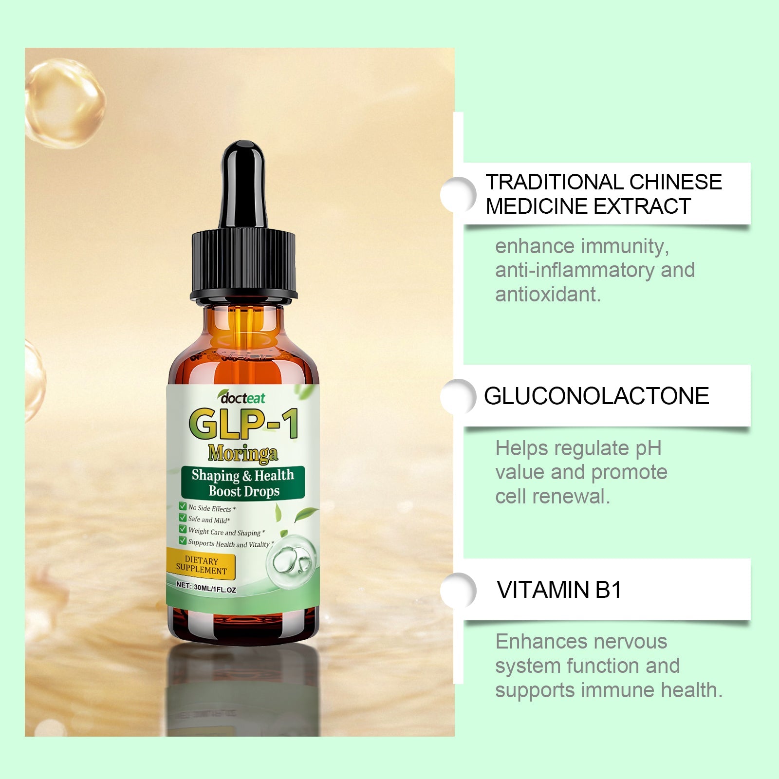 Amber dropper bottle surrounded by water droplets, gel spheres, and fresh mint leaves on soft green background
