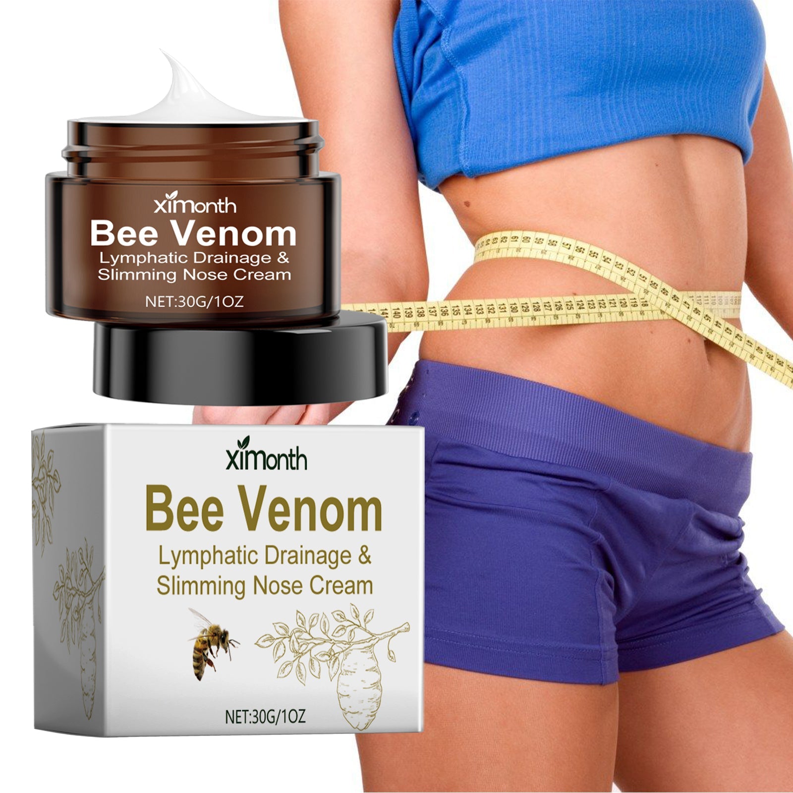 Duplicate product shot of cream jar and packaging from frontal angle on white background