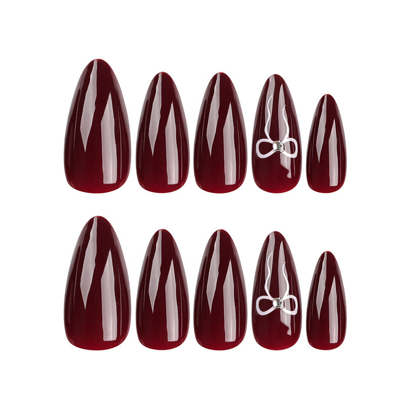 Long Almond Press-On Nails – Deep Red & Silver Bow Detail