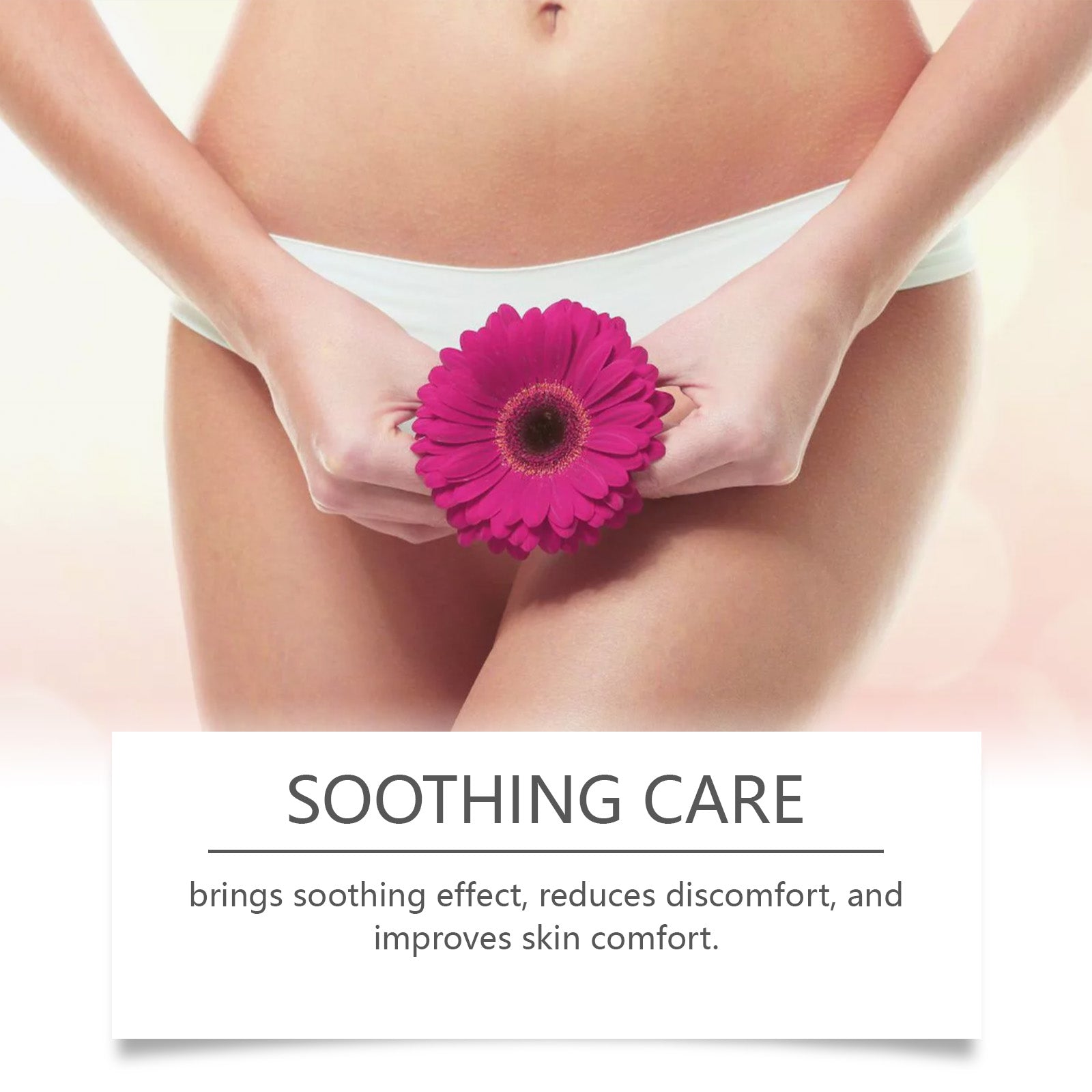 Close-up of woman's intimate area with magenta gerbera daisy flower overlay, captioned 'SOOTHING CARE'