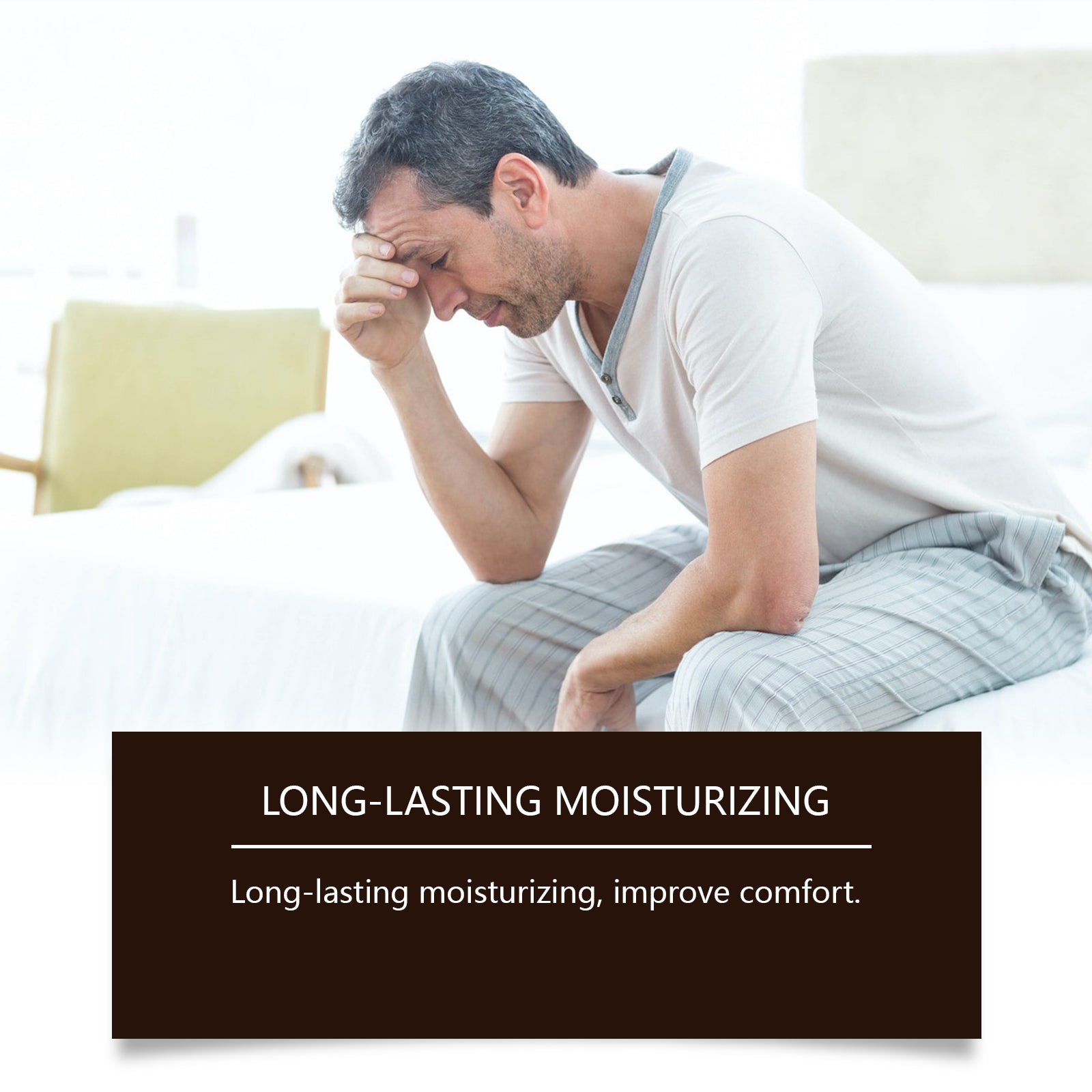 Man with hand to face demonstrating visible skin concern with split benefits: 'DEEP NOURISHMENT' and 'SOOTHING AND REPAIRING'