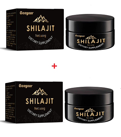 Young couple embracing intimately with Shilajit supplement prominently displayed, text overlay reads SHILAJIT Dietary Supplement