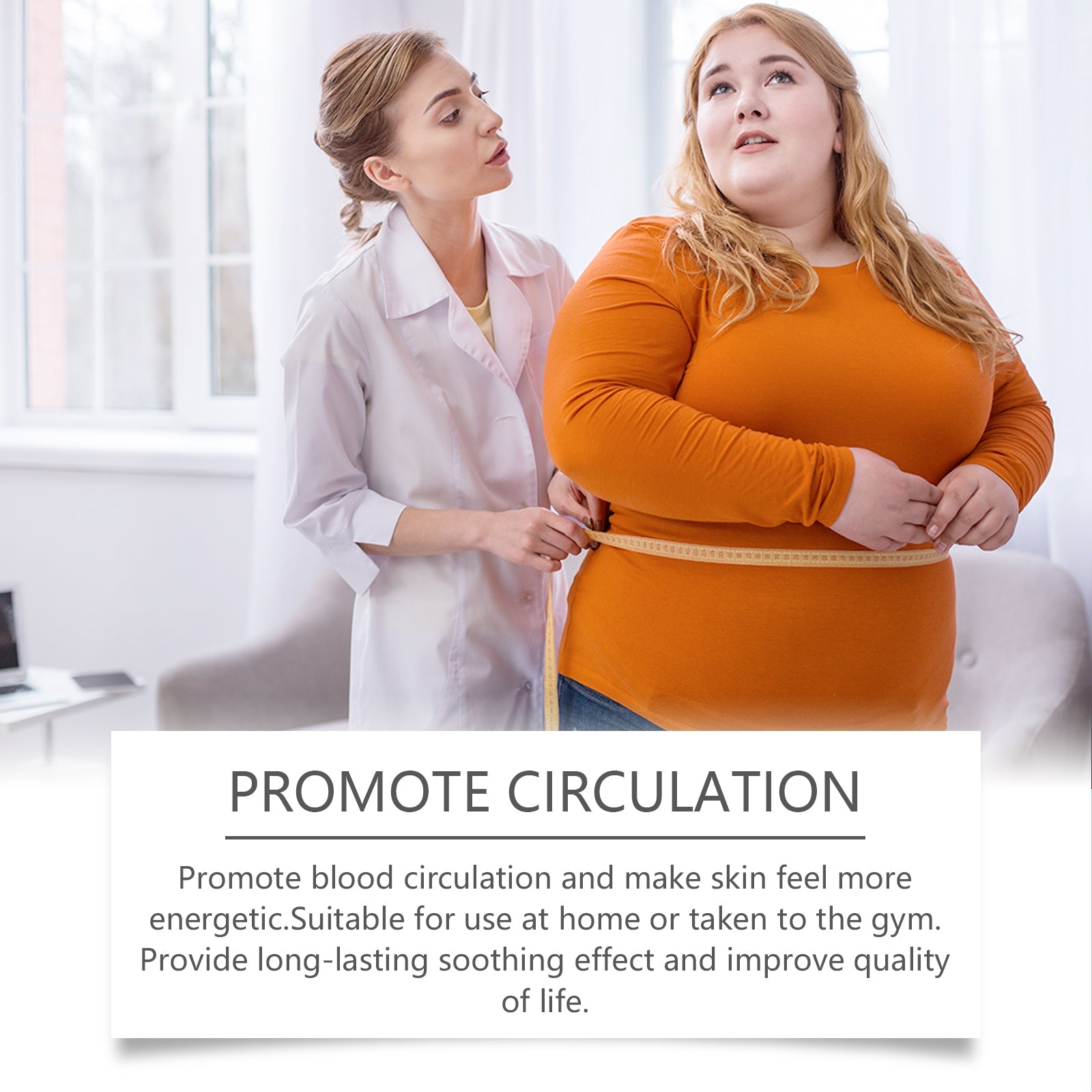 Before/after clinical-style image with healthcare professional measuring a woman's waist, promoting circulation and soothing benefits