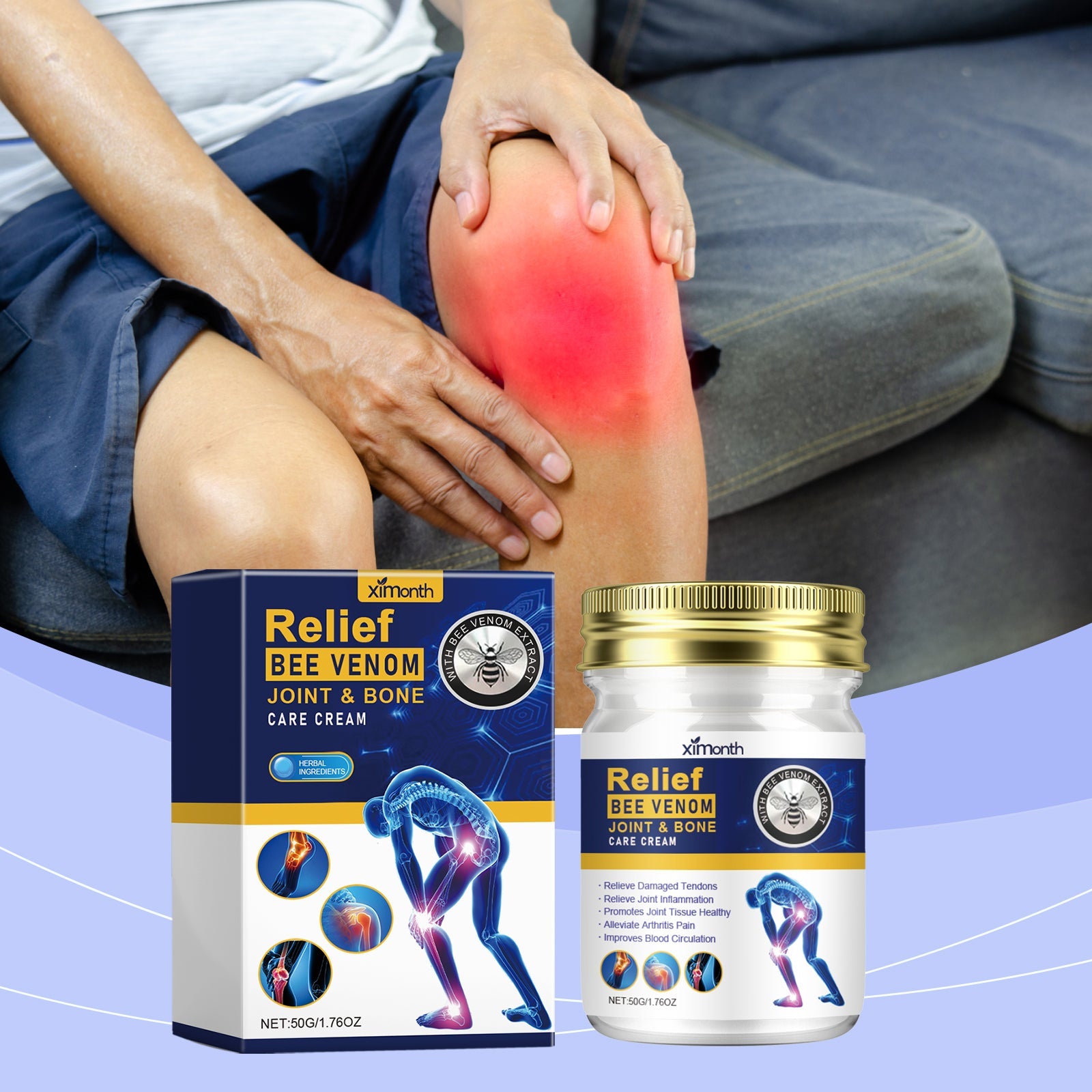 Ximonth Relief Bee Venom Joint & Bone Care Cream product box and white glass jar with gold lid displayed together
